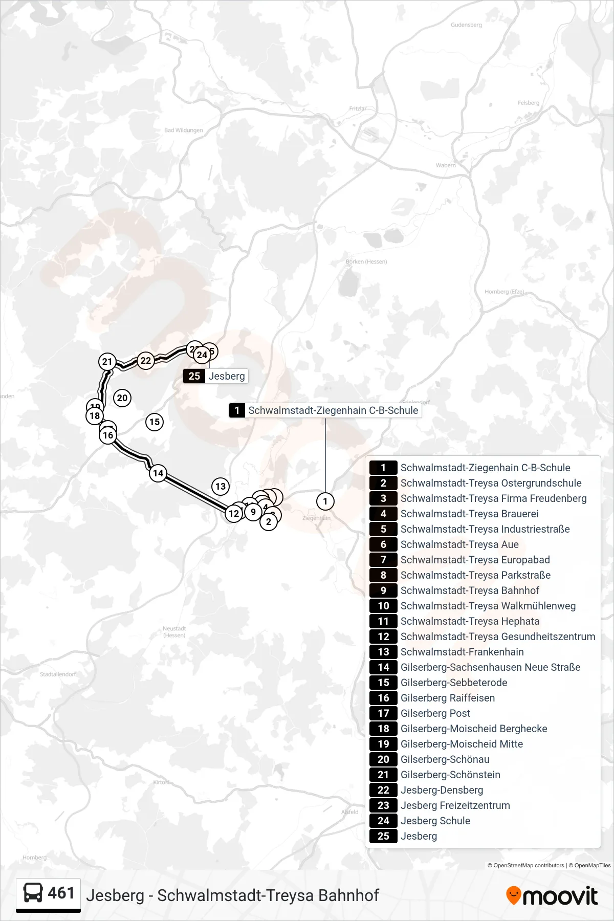 461 bus Line (Jesberg) route and stops on a map