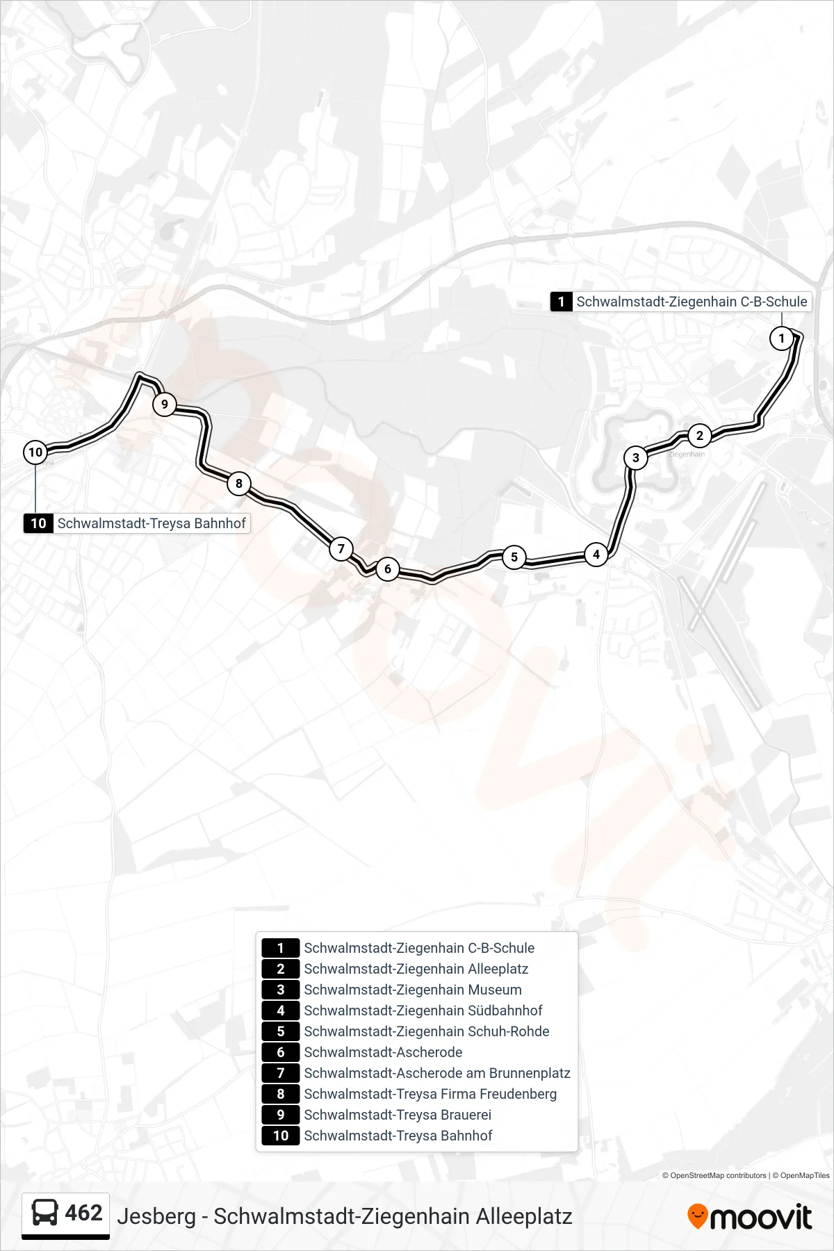 462 bus Line (Treysa Bahnhof) route and stops on a map