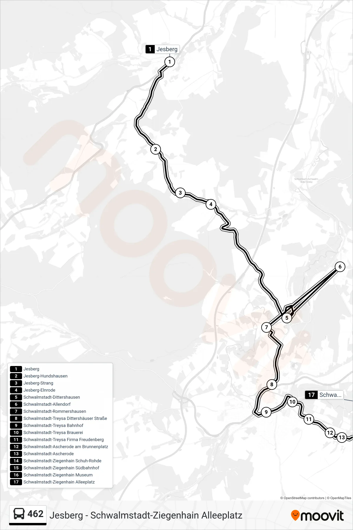 462 bus Line (Schwalmstadt-Ziegenhain Alleeplatz) route and stops on a map