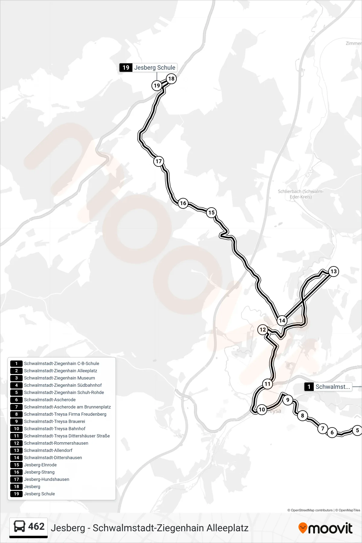 462 bus Line (Jesberg Schule) route and stops on a map