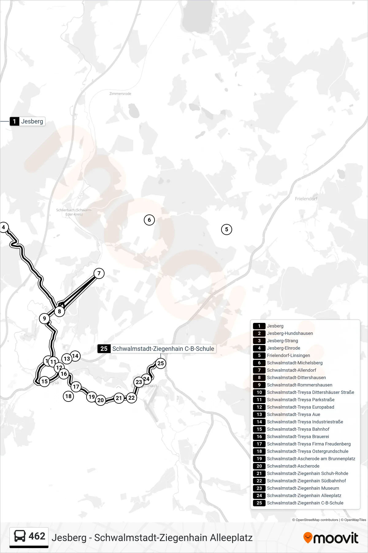 462 bus Line (Ziegenhain, C-B-S Via Treysa) route and stops on a map