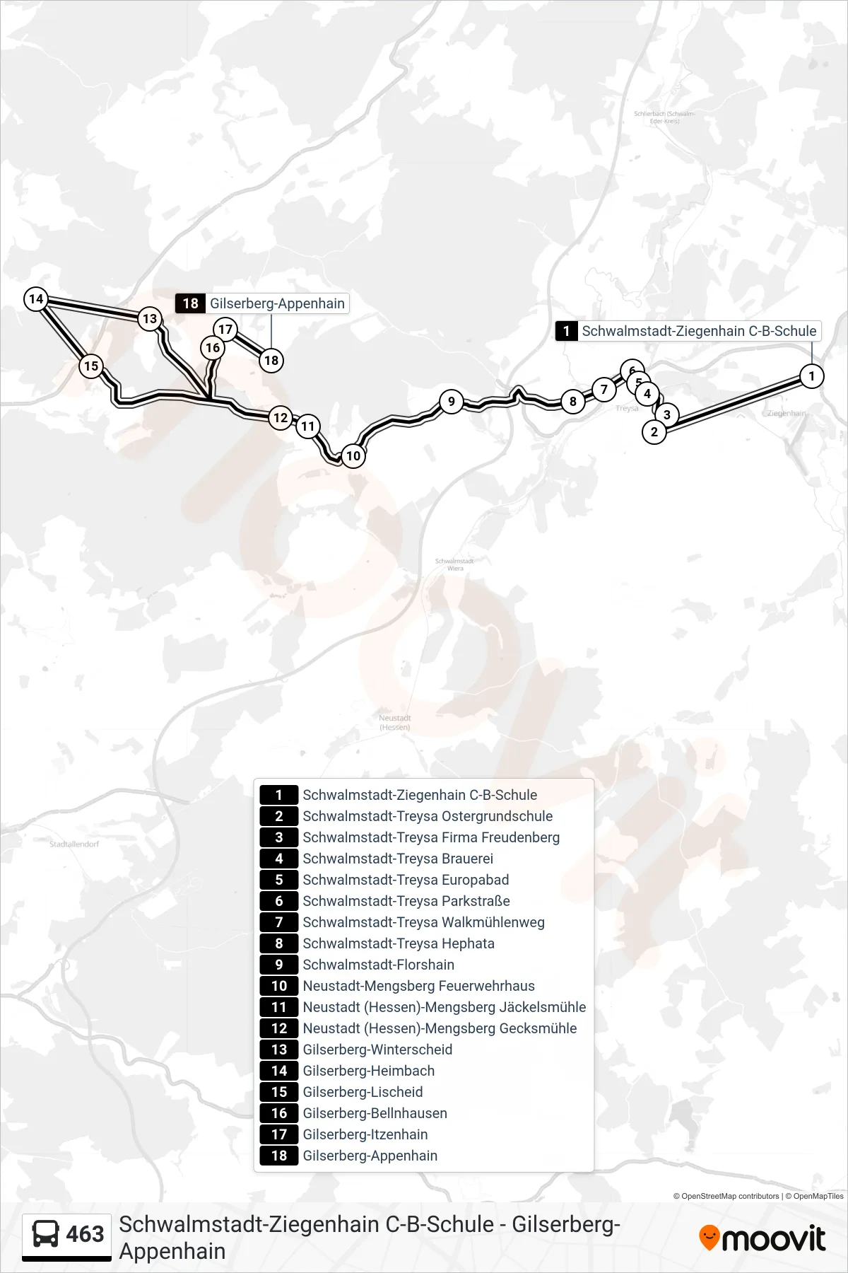 463 bus Line (Gilserberg-Appenhain) route and stops on a map