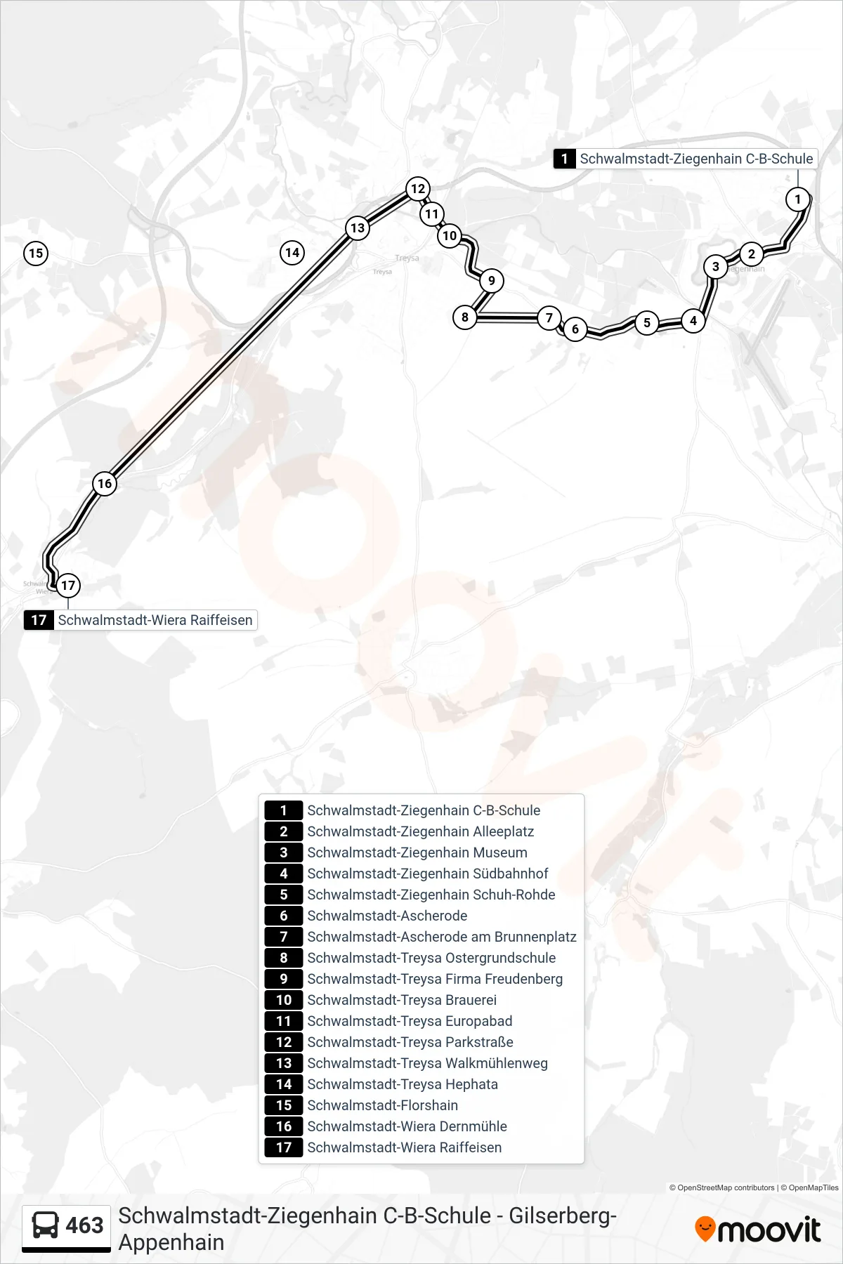 463 bus Line (Schwalmstadt-Wiera Raiffeisen) route and stops on a map