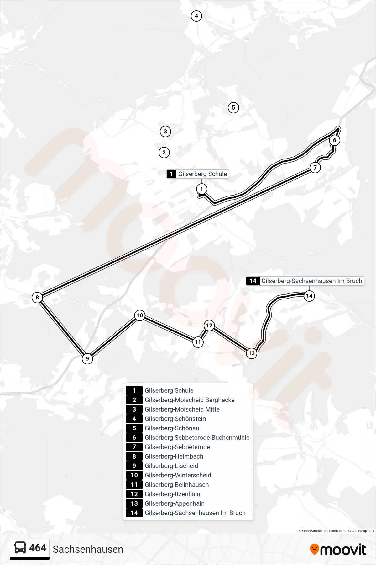 464 bus Line (Sachsenhausen) route and stops on a map