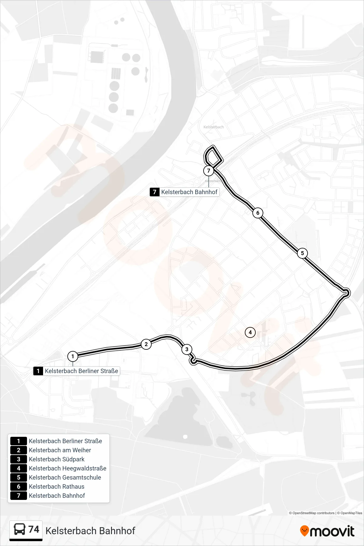 74 bus Line (Kelsterbach Bahnhof) route and stops on a map