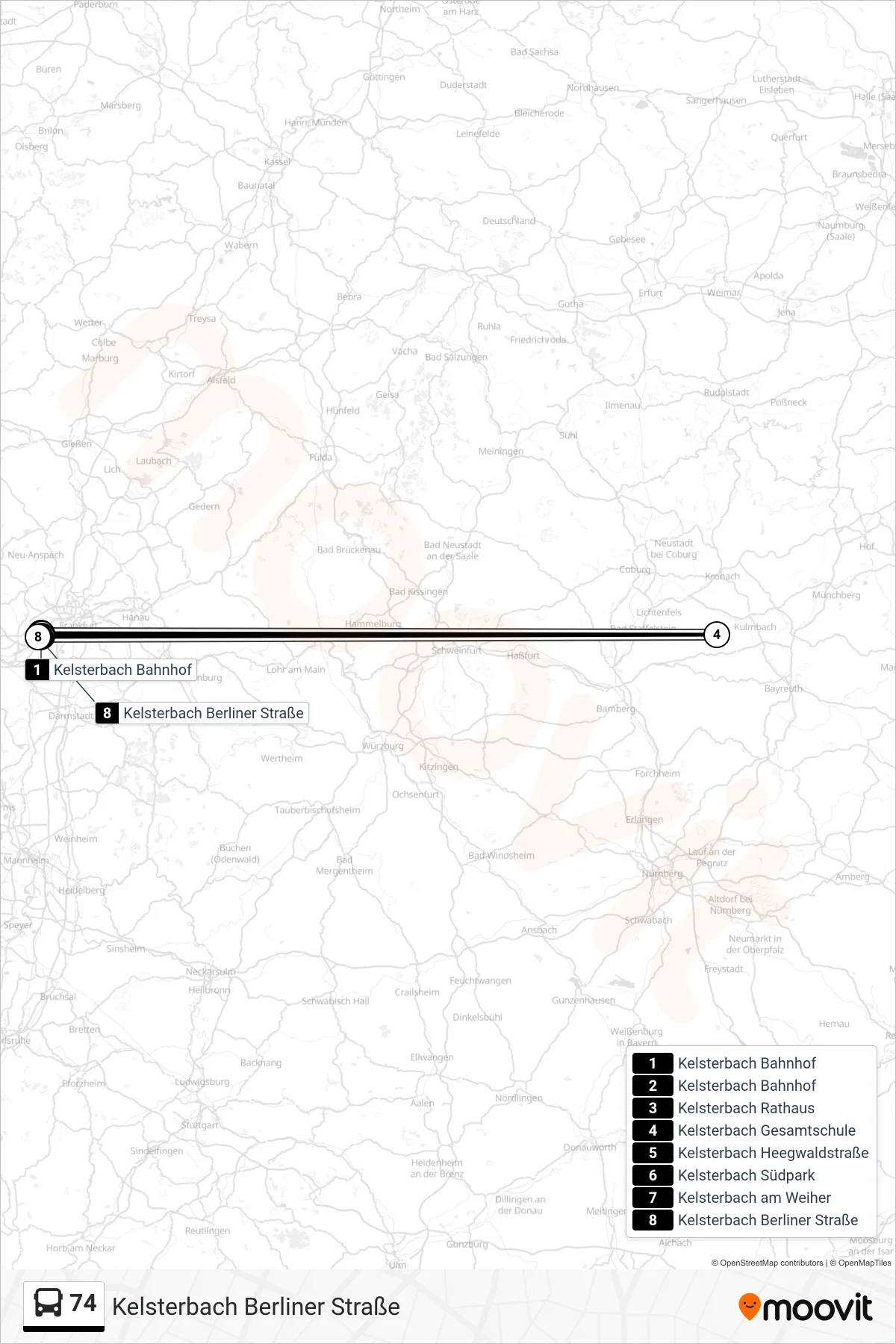 74 bus Line (Kelsterbach Berliner Straße) route and stops on a map