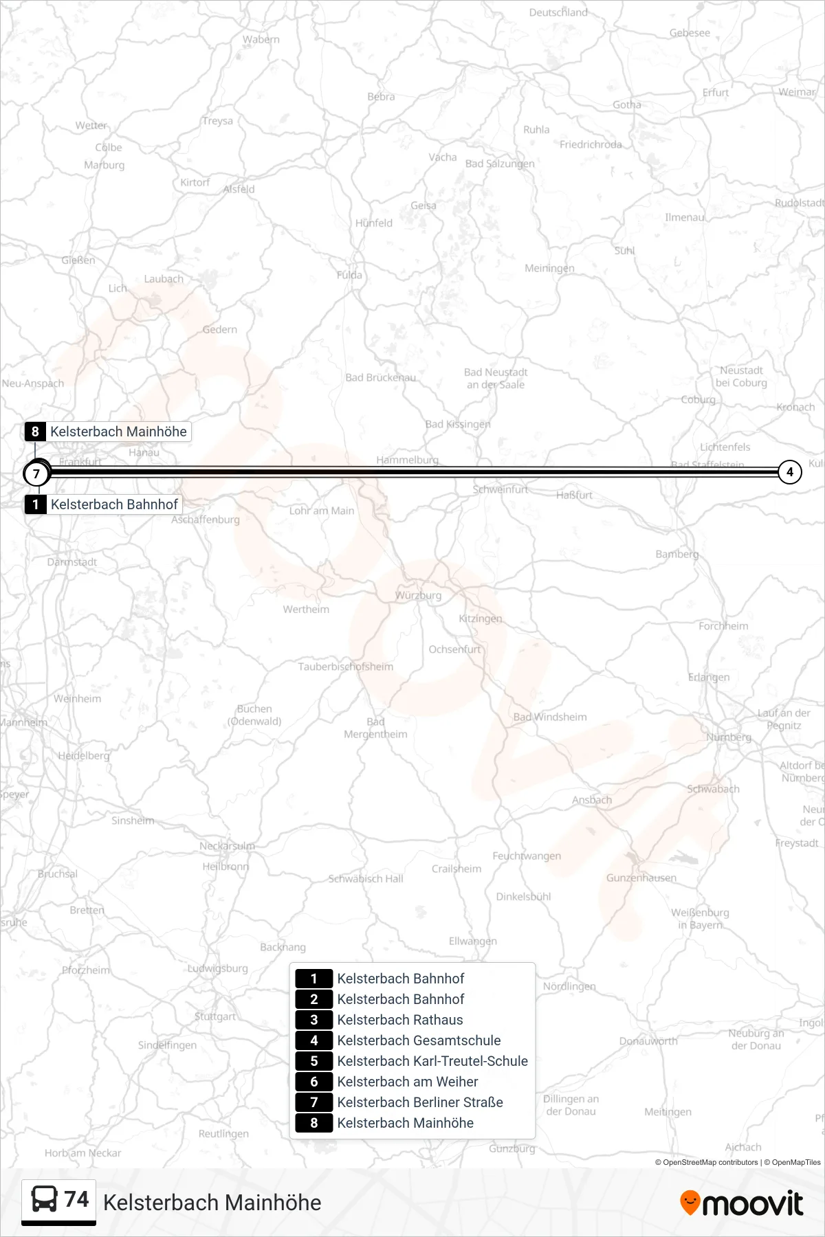 74 bus Line (Kelsterbach Mainhöhe) route and stops on a map