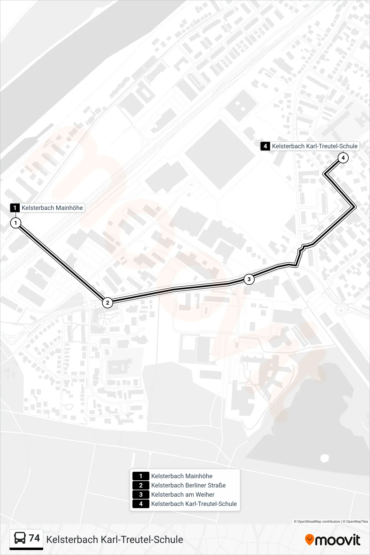 Linie 74 (Bus) Richtung Kelsterbach Karl-Treutel-Schule: Route und Haltestellen auf der Karte