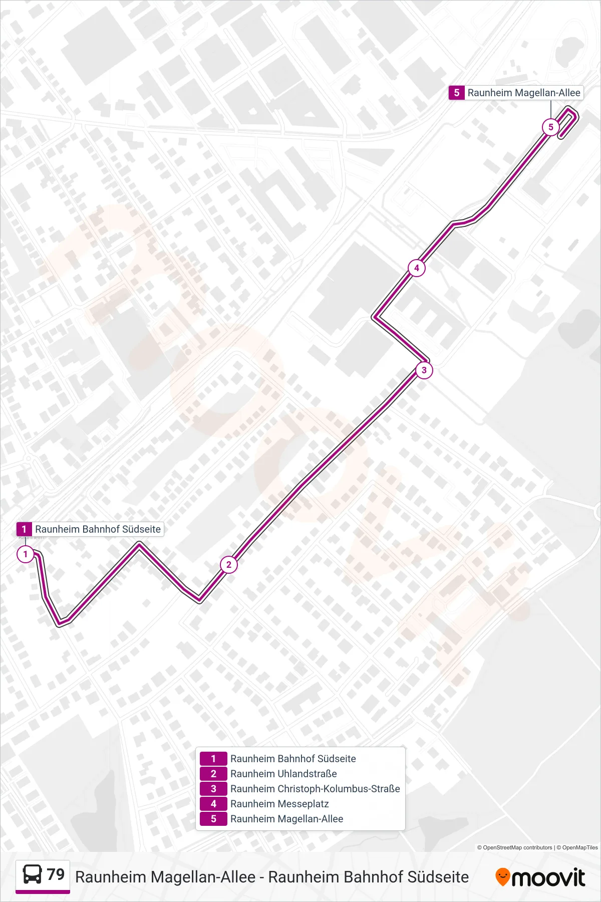 79 bus Line (Raunheim Magellan-Allee) route and stops on a map