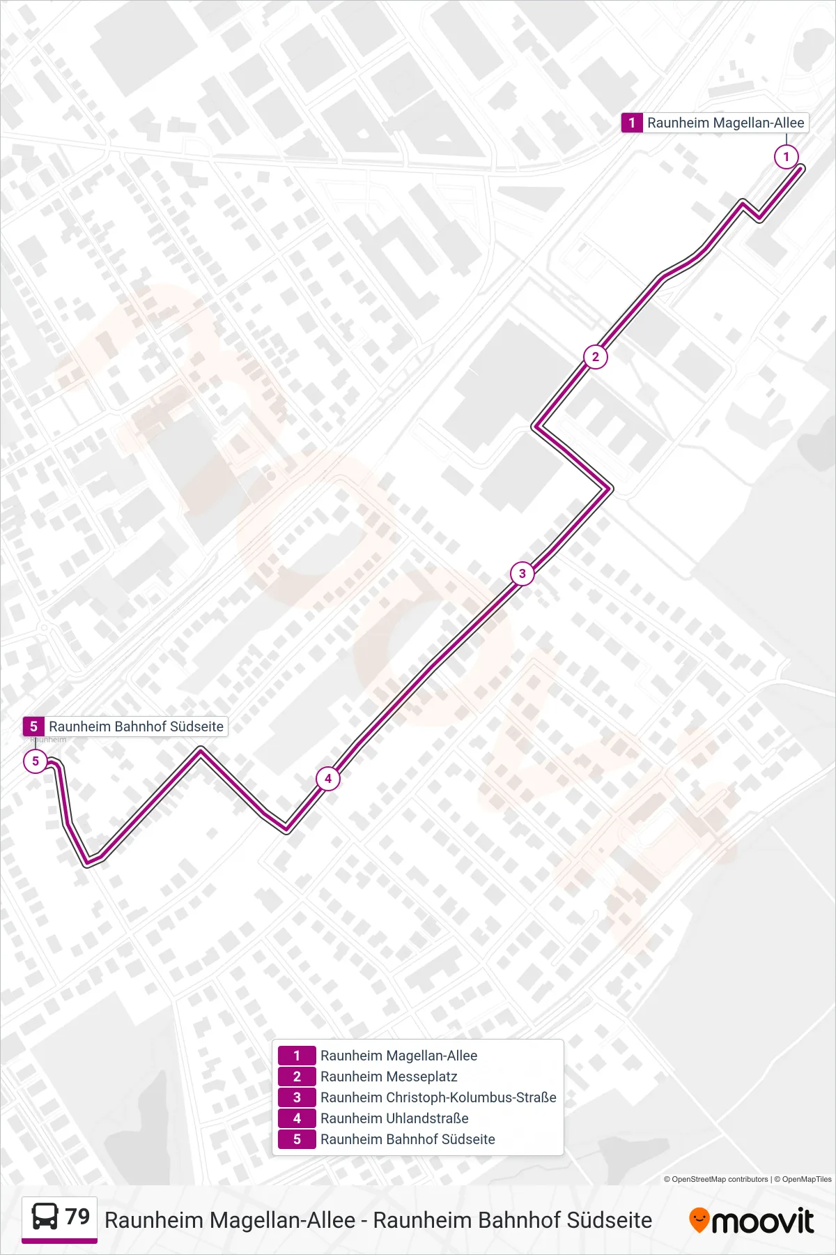 Linie 79 (Bus) Richtung Raunheim Bahnhof Südseite: Route und Haltestellen auf der Karte