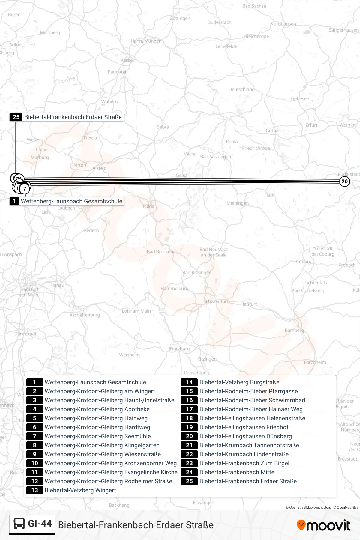 GI-44 bus Line (Biebertal-Frankenbach Erdaer Straße) route and stops on a map