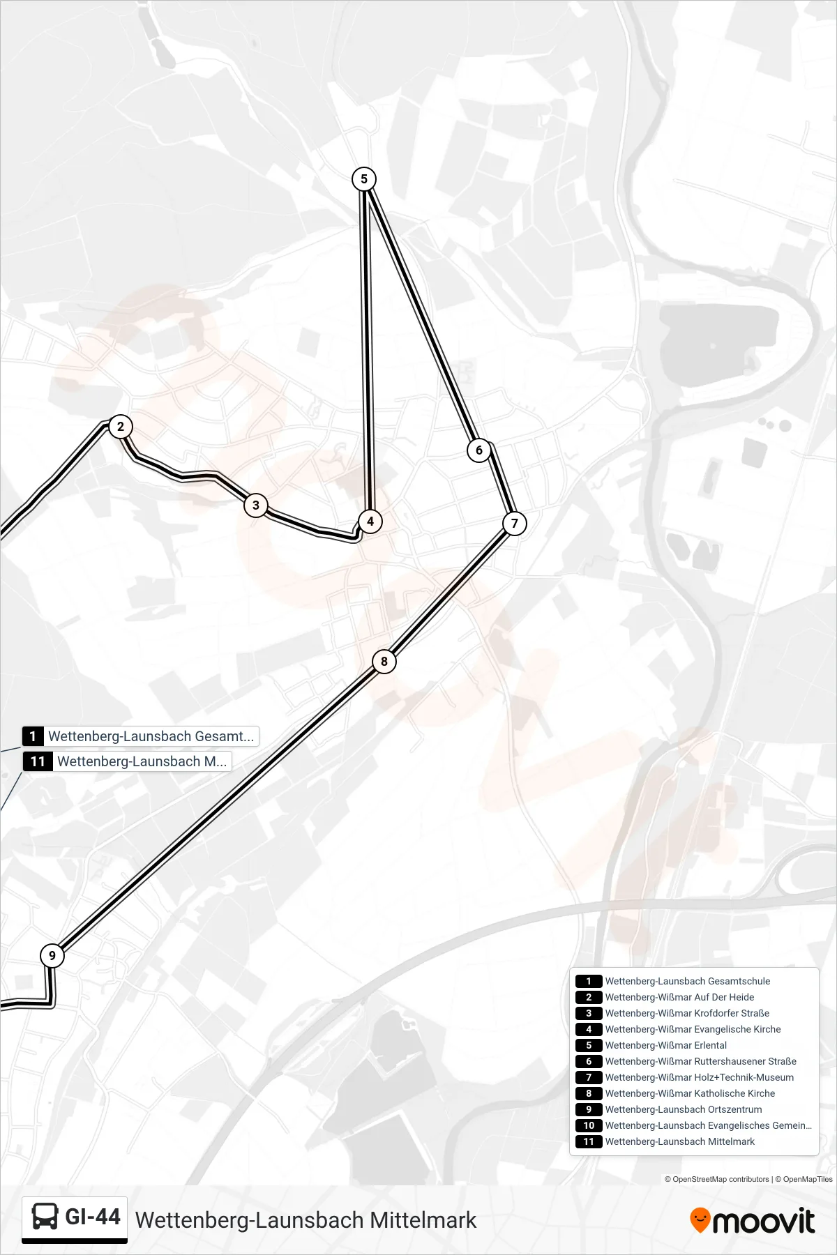 GI-44 bus Line (Wettenberg-Launsbach Mittelmark) route and stops on a map