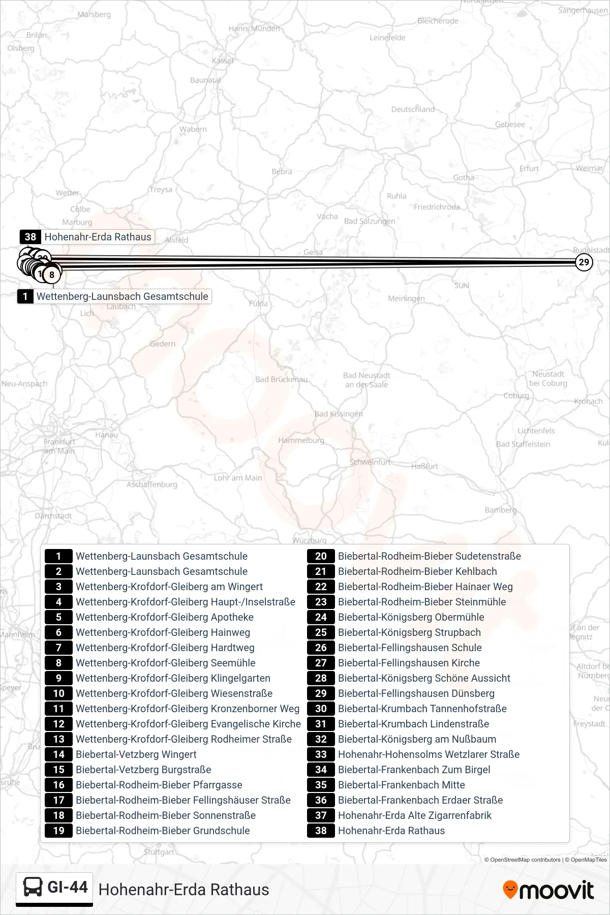 GI-44 bus Line (Hohenahr-Erda Rathaus) route and stops on a map
