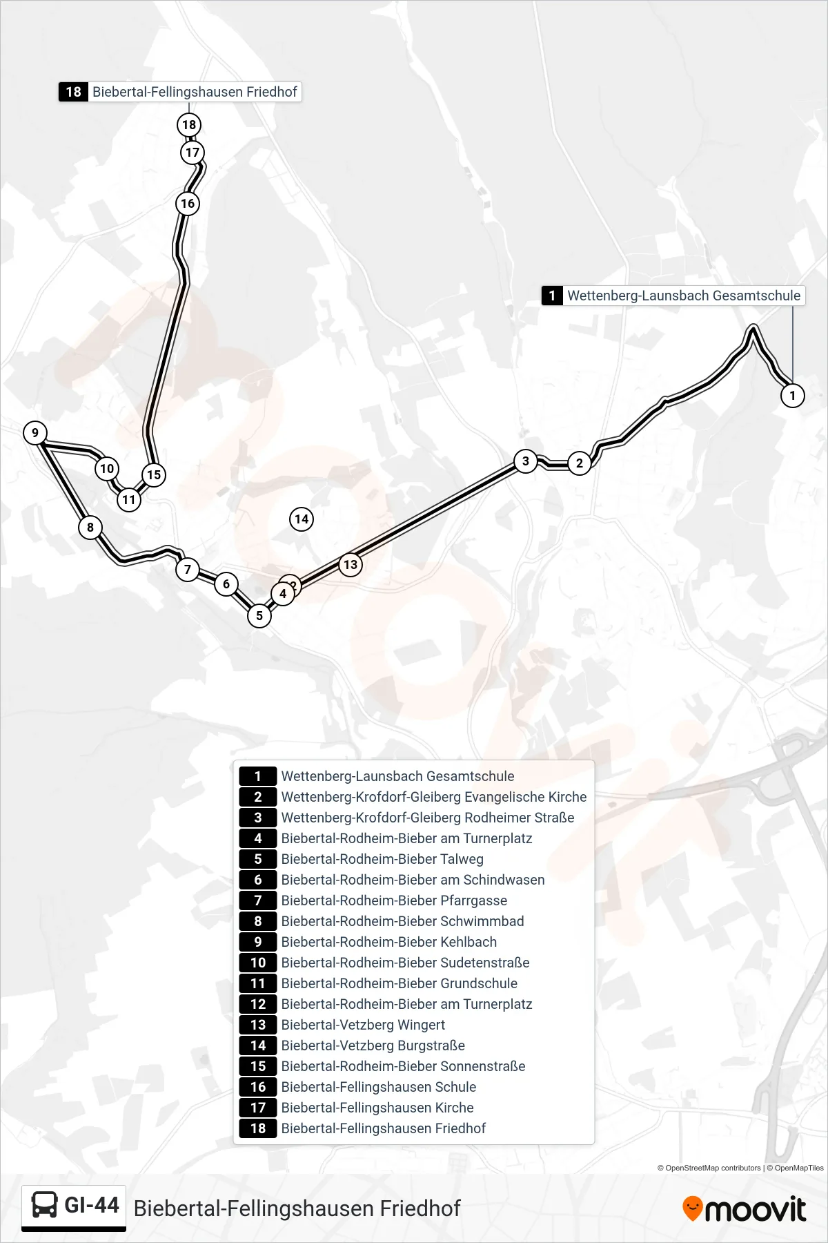 GI-44 bus Line (Biebertal-Fellingshausen Friedhof) route and stops on a map