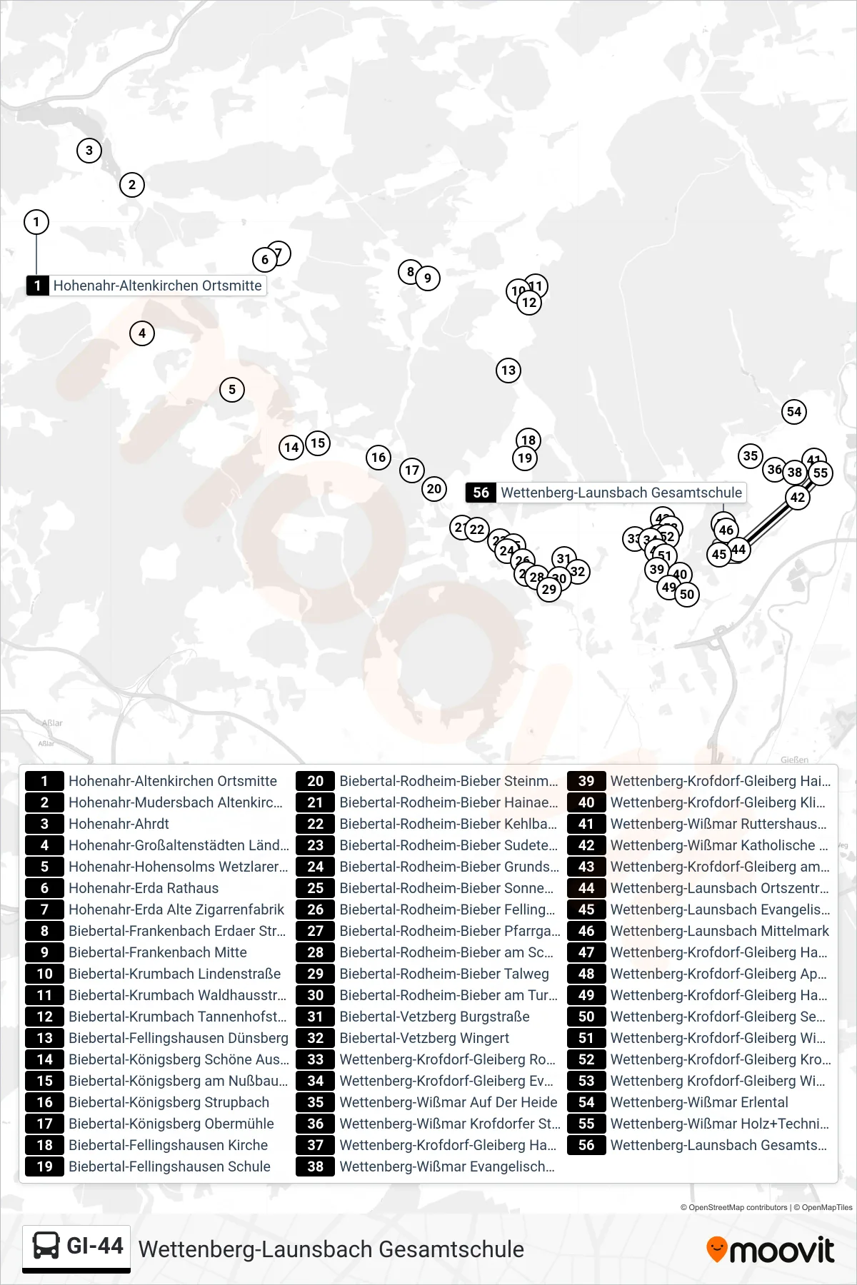 Linie GI-44 (Bus) Richtung Wettenberg-Launsbach Gesamtschule: Route und Haltestellen auf der Karte
