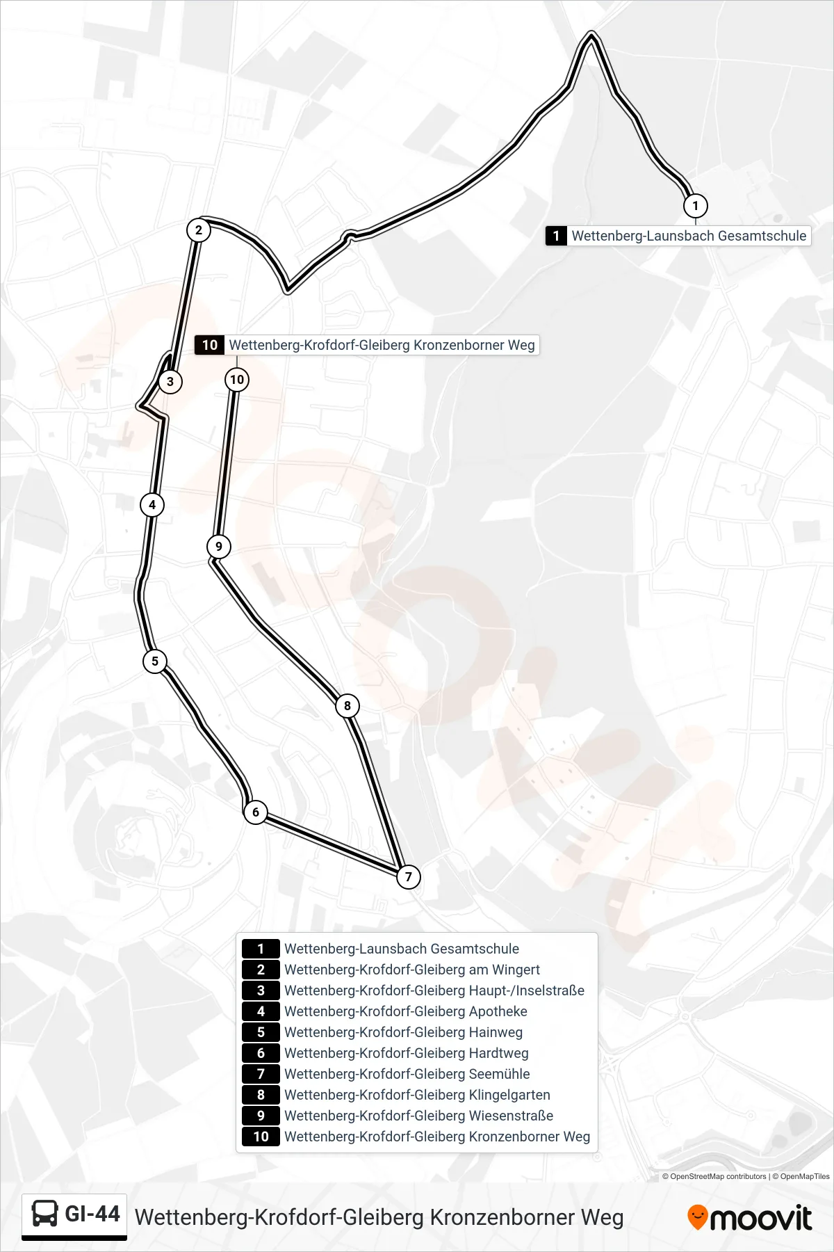 GI-44 bus Line (Wettenberg-Krofdorf-Gleiberg Kronzenborner Weg) route and stops on a map
