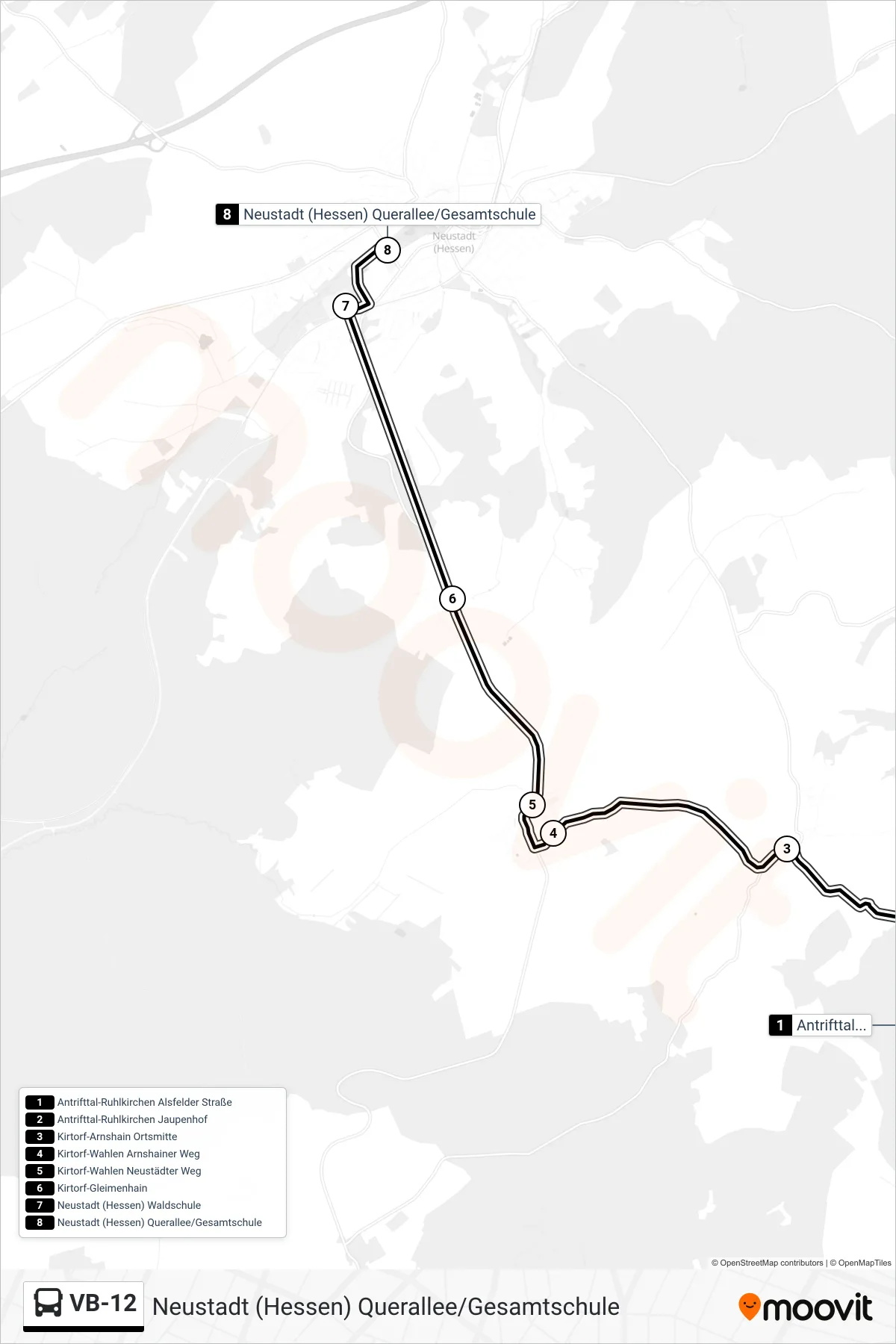 VB-12 bus Line (Neustadt (Hessen) Querallee/Gesamtschule) route and stops on a map