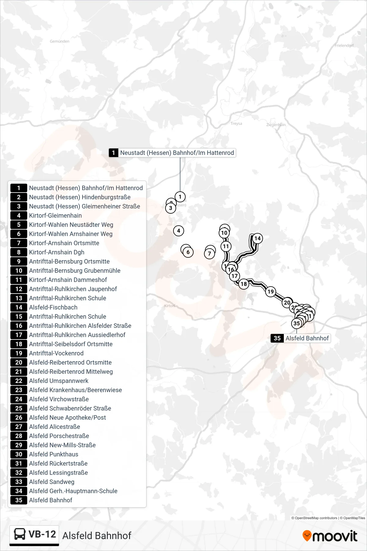 VB-12 bus Line (Alsfeld Bahnhof) route and stops on a map