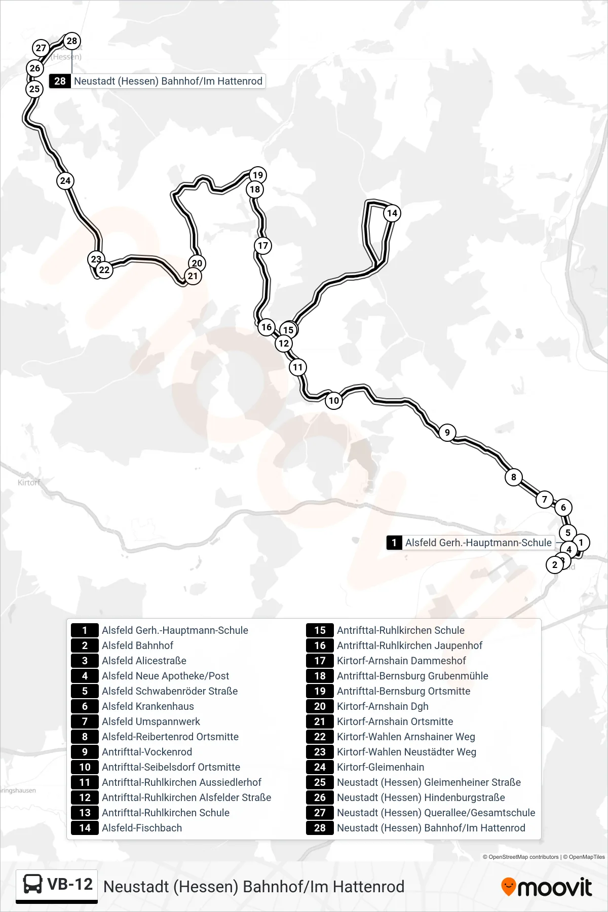 VB-12 bus Line (Neustadt (Hessen) Bahnhof/Im Hattenrod) route and stops on a map