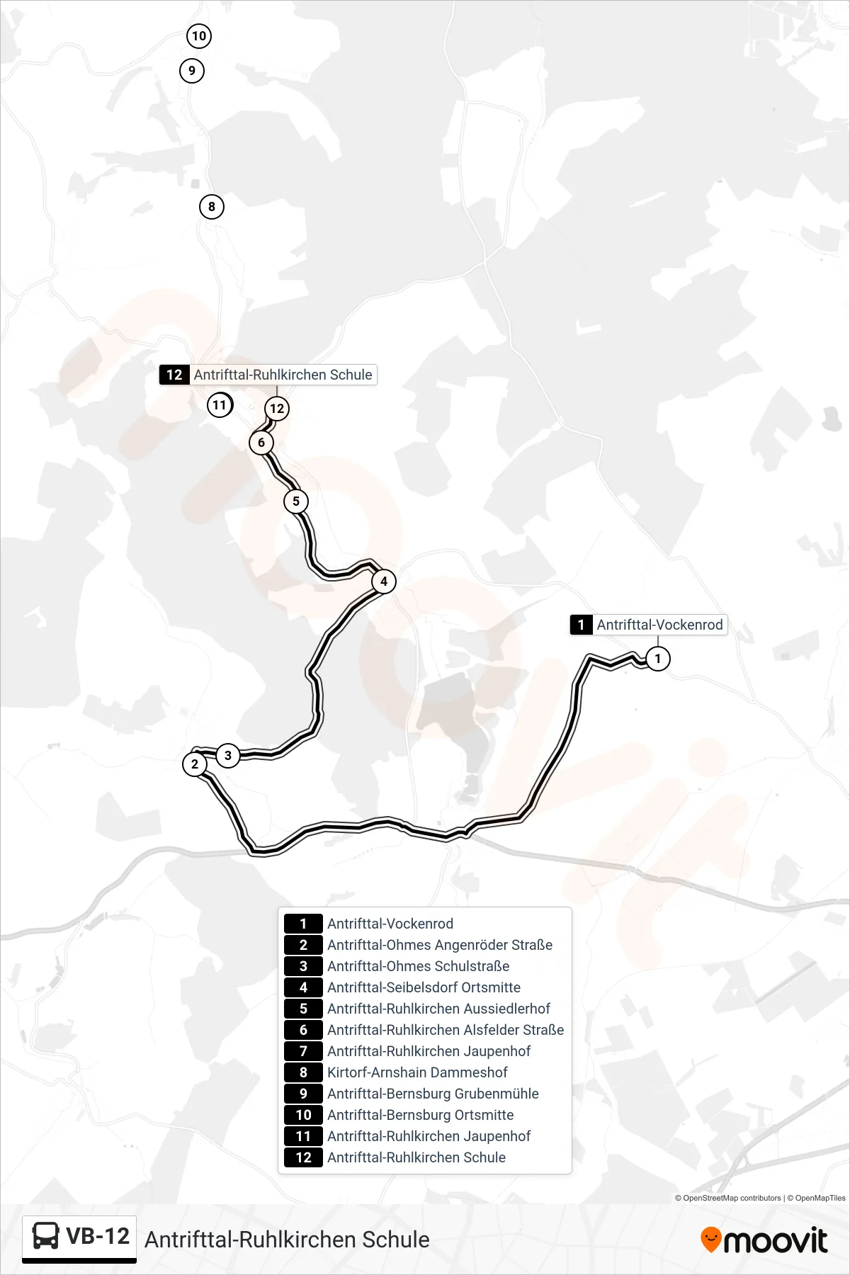 VB-12 bus Line (Antrifttal-Ruhlkirchen Schule) route and stops on a map