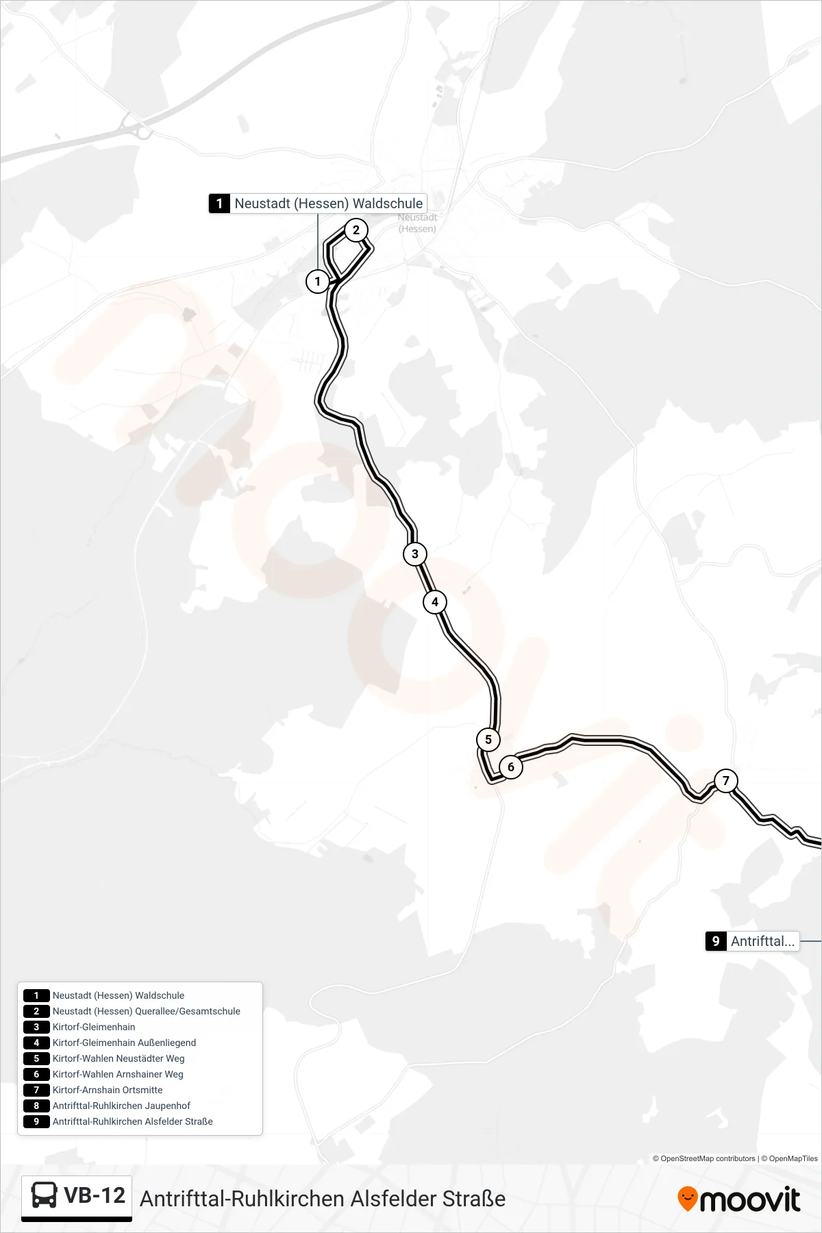 VB-12 bus Line (Antrifttal-Ruhlkirchen Alsfelder Straße) route and stops on a map