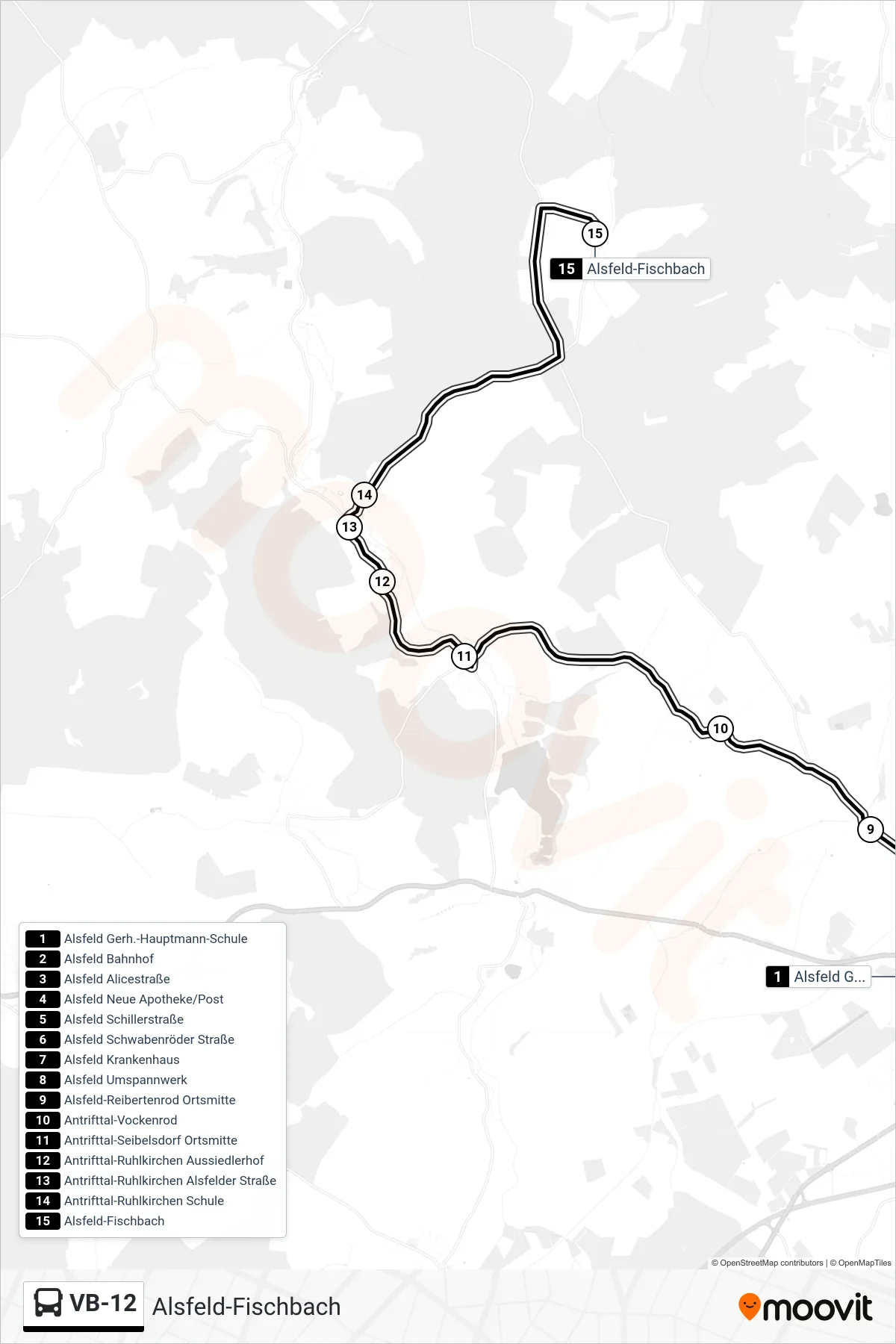 VB-12 bus Line (Alsfeld-Fischbach) route and stops on a map