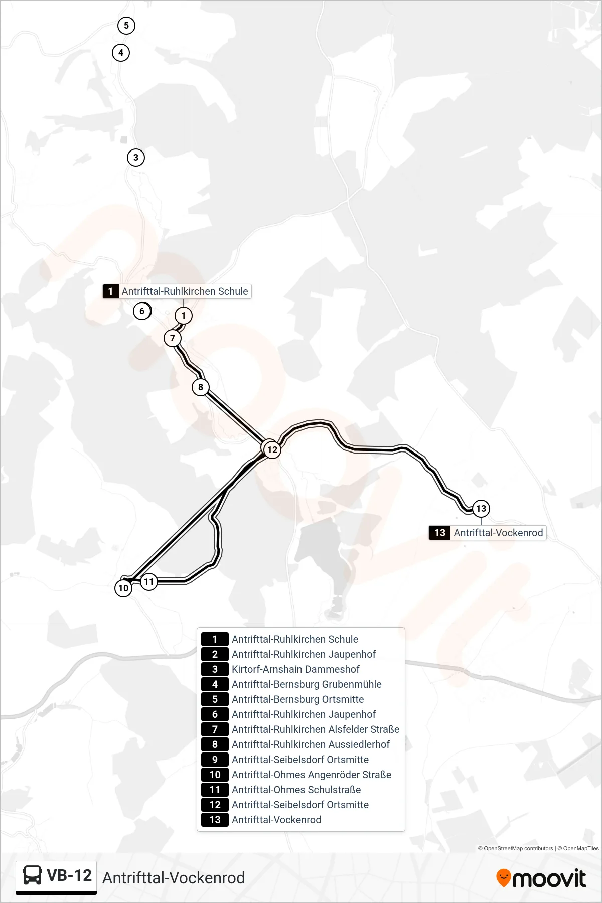 VB-12 bus Line (Antrifttal-Vockenrod) route and stops on a map