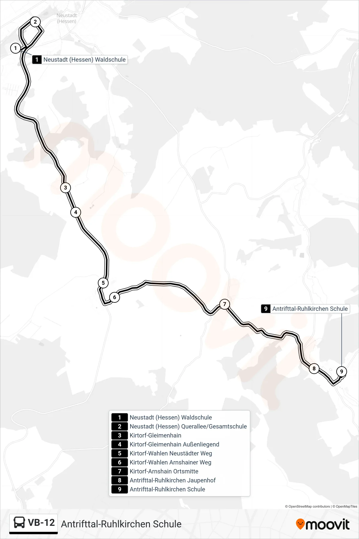VB-12 bus Line (Antrifttal-Ruhlkirchen Schule) route and stops on a map