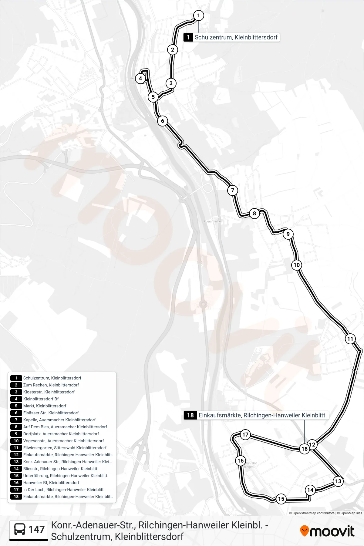 147 bus Line (Rilchingen-Hanweiler Einkaufsmärkte) route and stops on a map