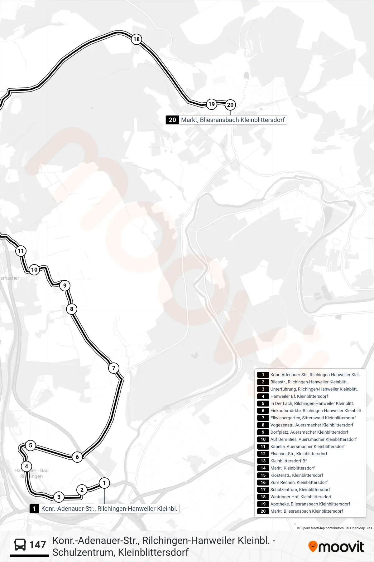147 bus Line (Bliesransbach Markt) route and stops on a map