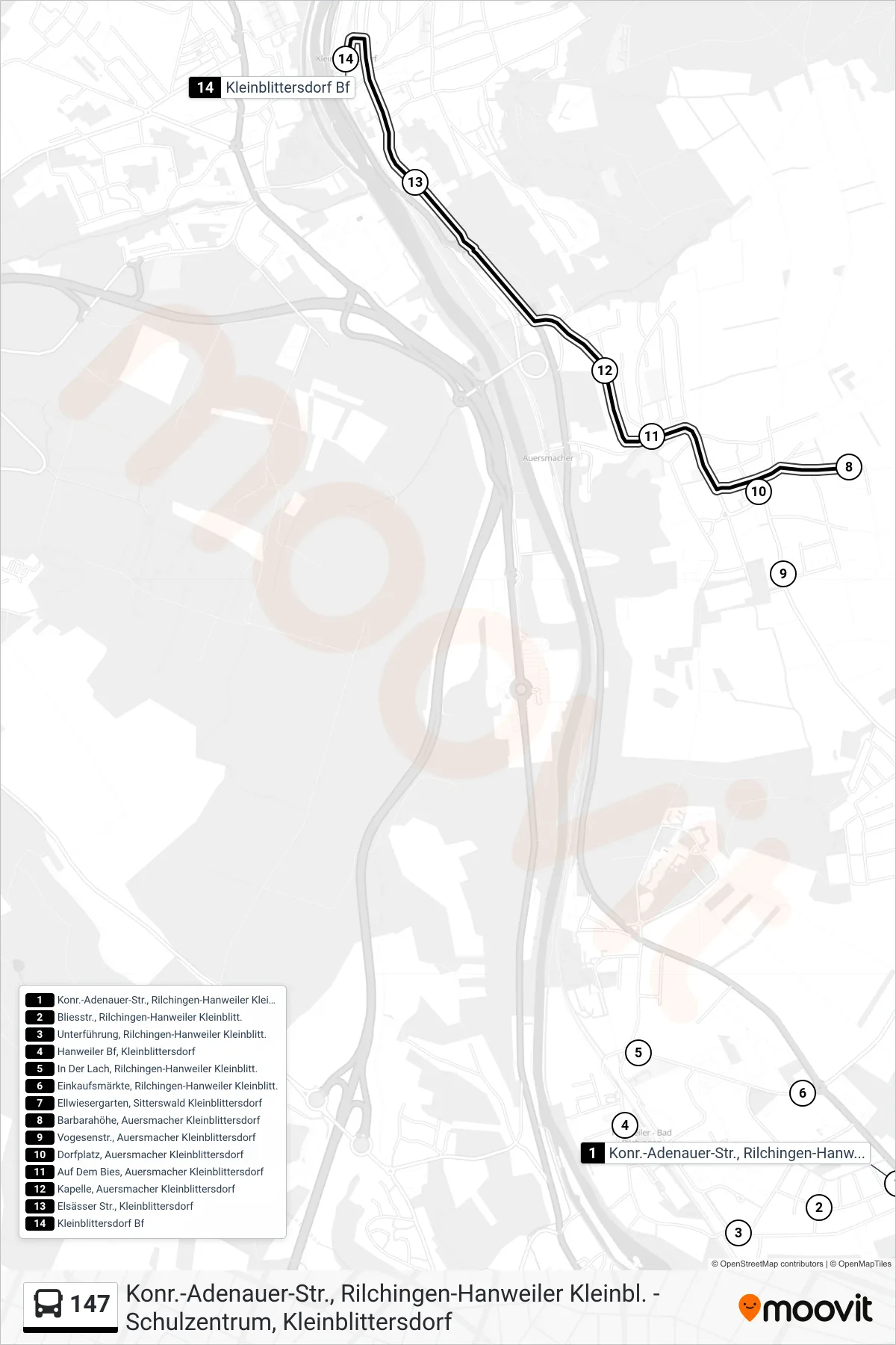 147 bus Line (Kleinblittersdorf Bahnhof) route and stops on a map