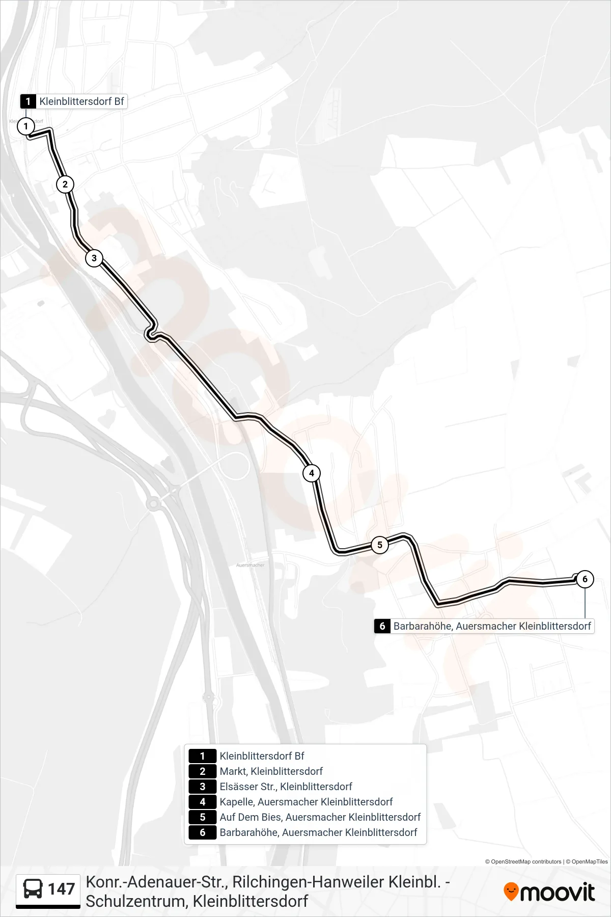 147 bus Line (Auersmacher Barbarahöhe) route and stops on a map