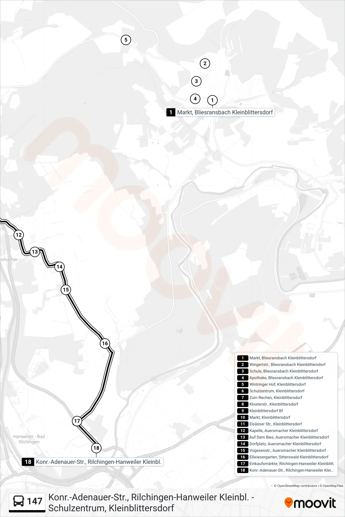 147 bus Line (Rilchingen Hanweiler) route and stops on a map
