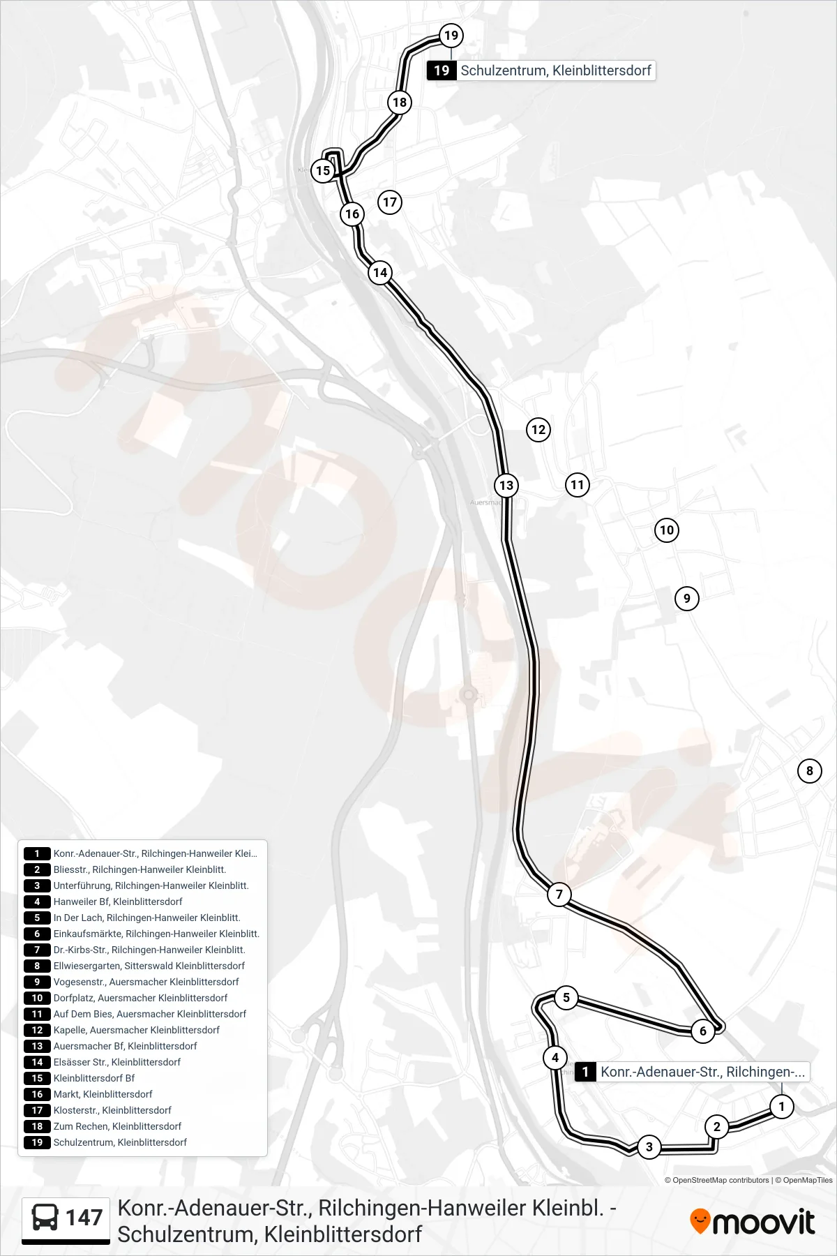 147 bus Line (Kleinblittersdorf Schulzentrum) route and stops on a map