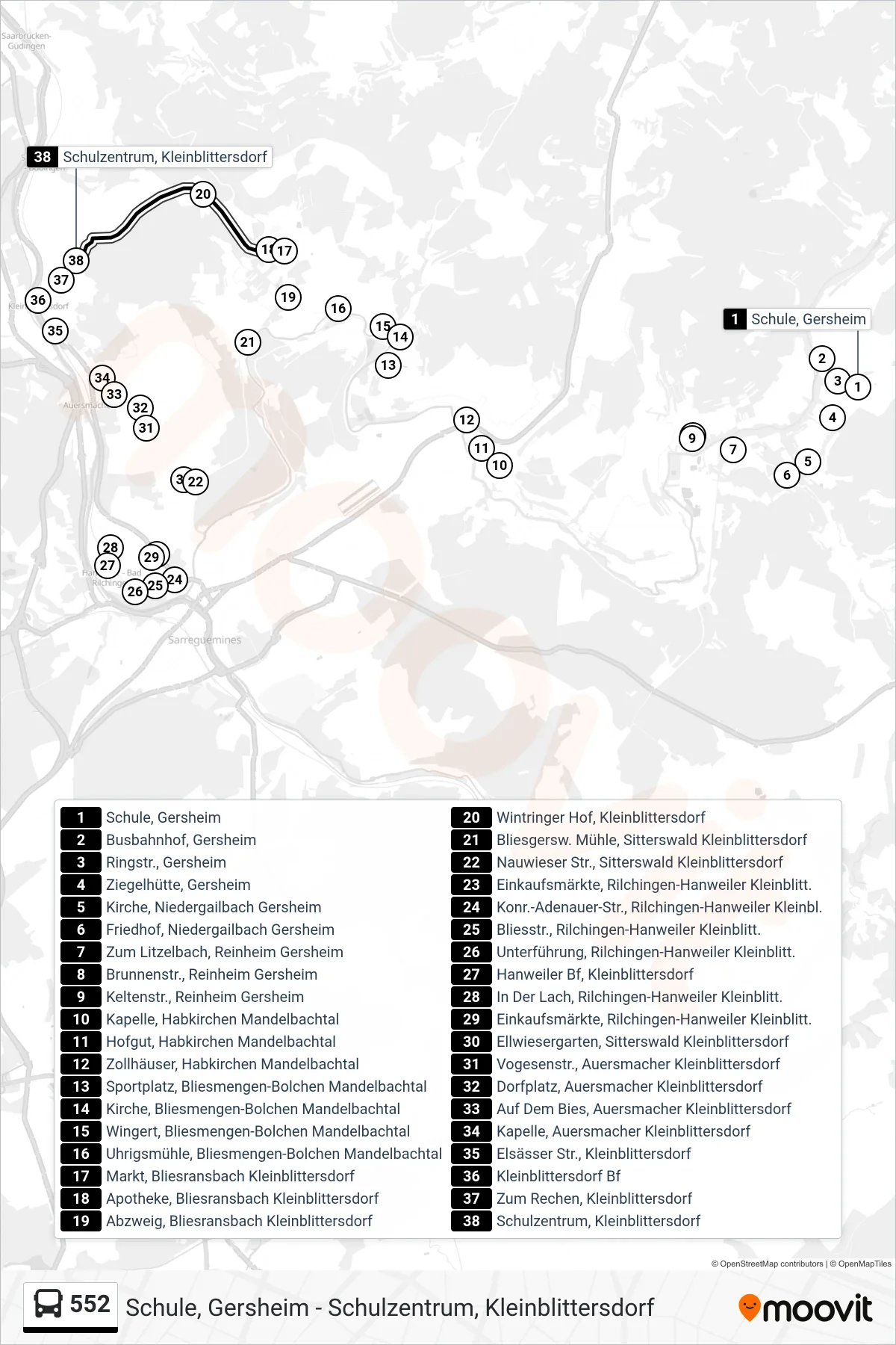 552 bus Line (Schulzentrum, Kleinblittersdorf) route and stops on a map