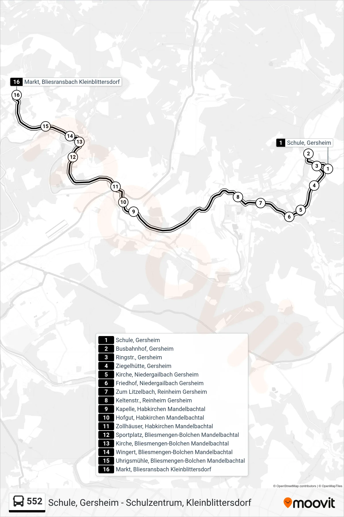 552 bus Line (Markt, Bliesransbach Kleinblittersdorf) route and stops on a map