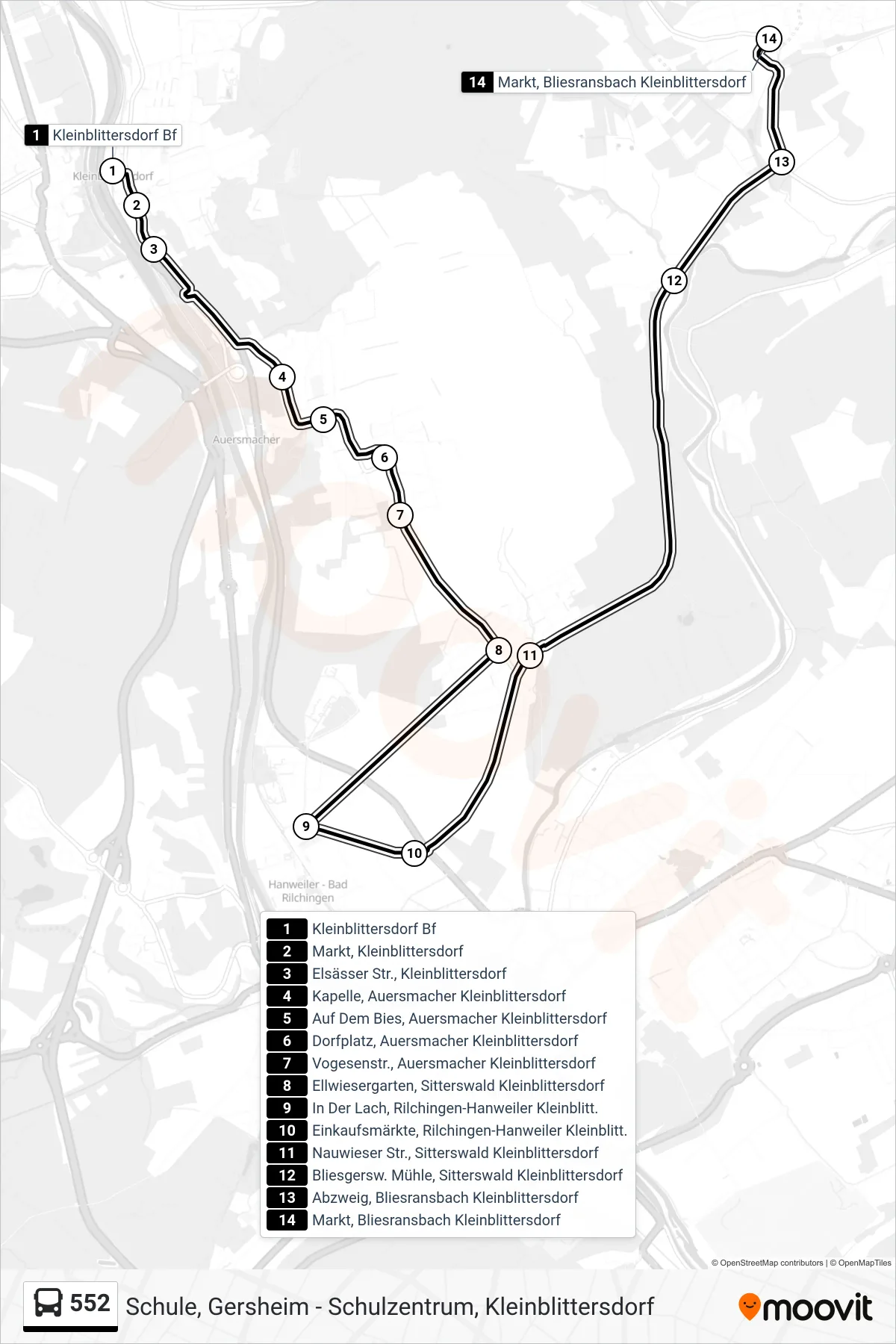 552 bus Line (Markt, Bliesransbach Kleinblittersdorf) route and stops on a map