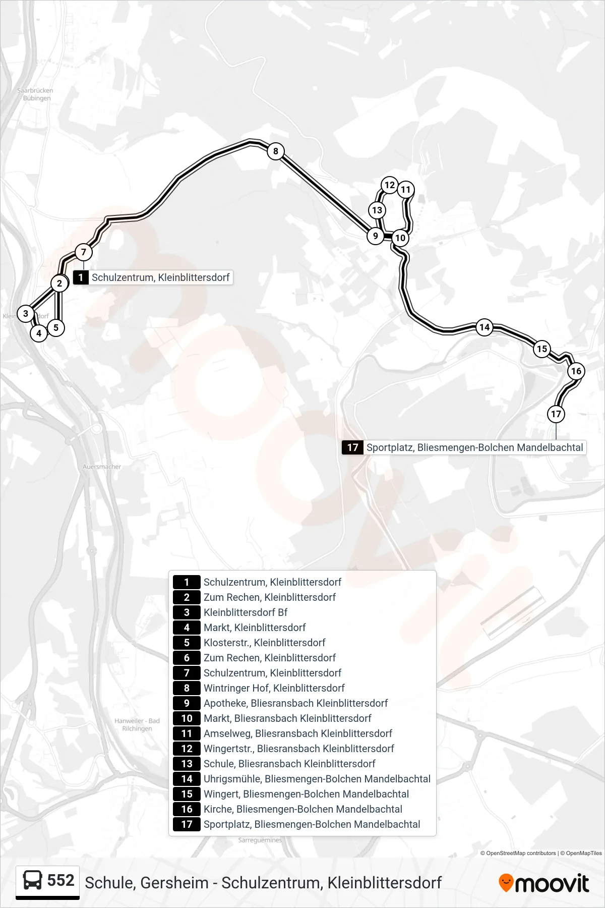 552 bus Line (Sportplatz, Bliesmengen-Bolchen Mandelbachtal) route and stops on a map