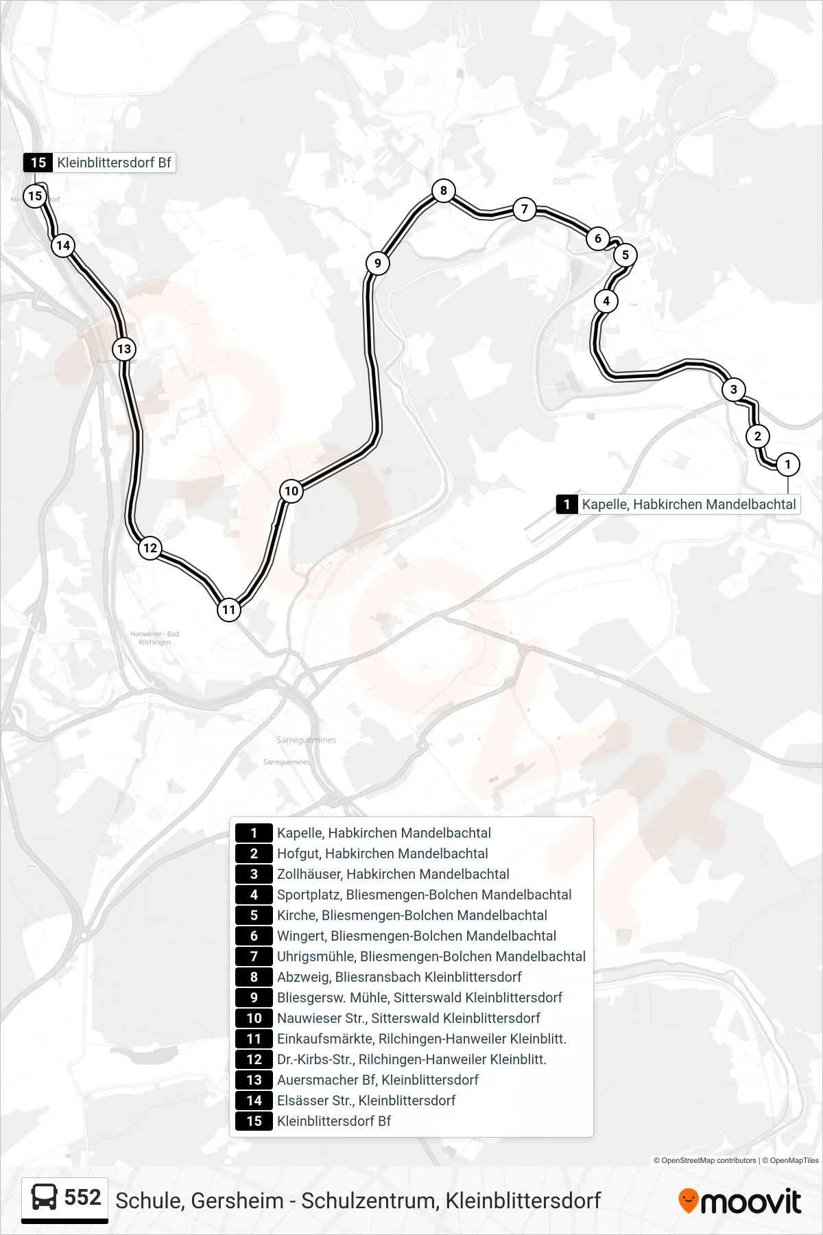 552 bus Line (Kleinblittersdorf Bf) route and stops on a map