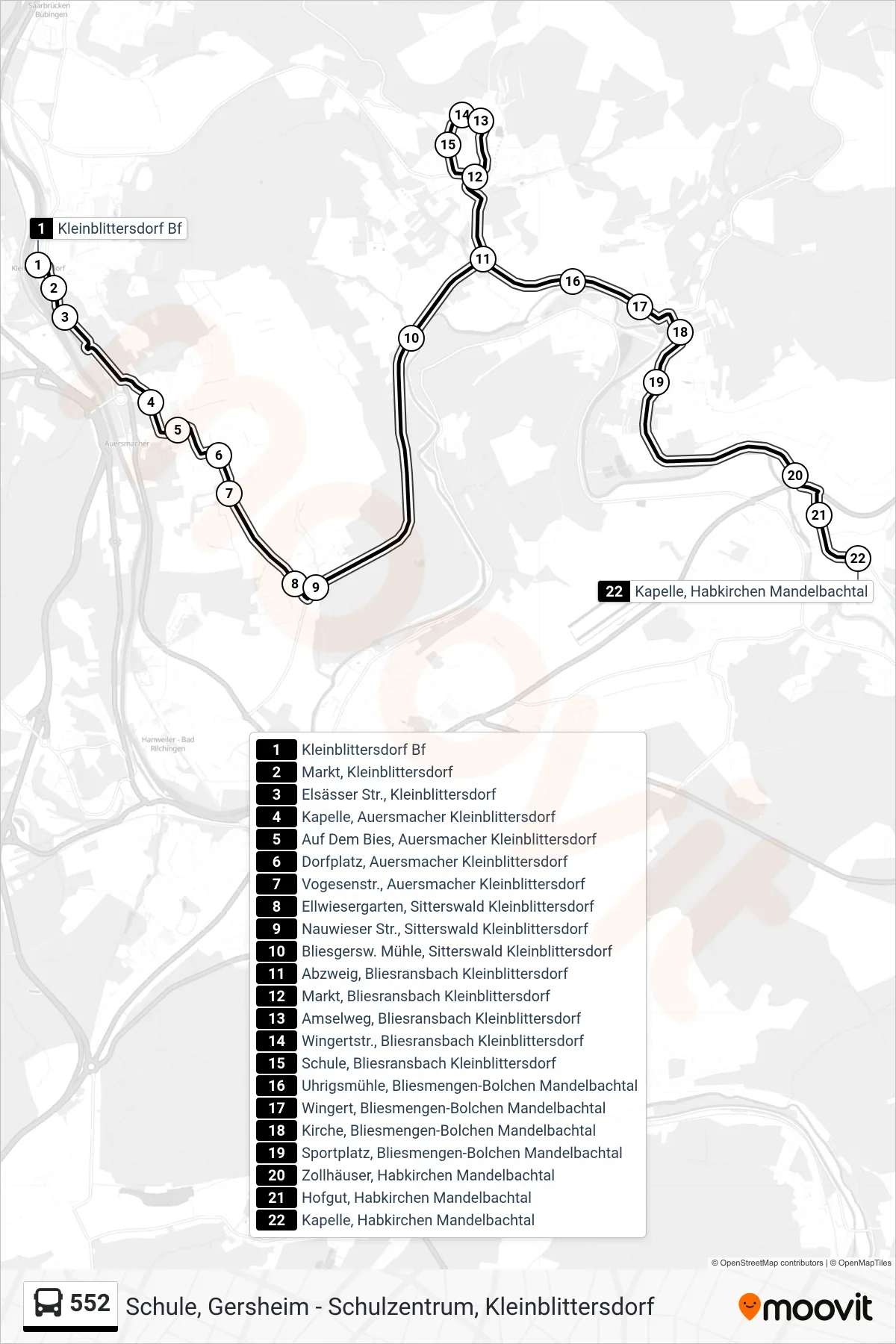 Linie 552 (Bus) Richtung Kapelle, Habkirchen Mandelbachtal: Route und Haltestellen auf der Karte