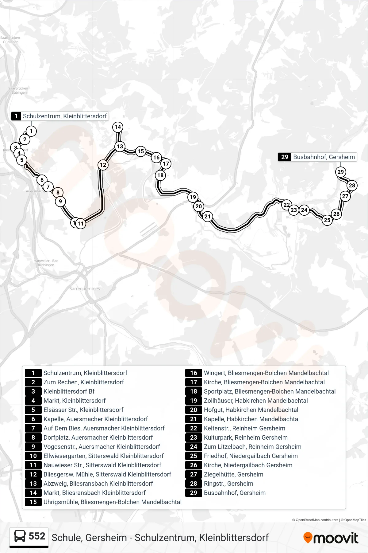 552 bus Line (Busbahnhof, Gersheim) route and stops on a map