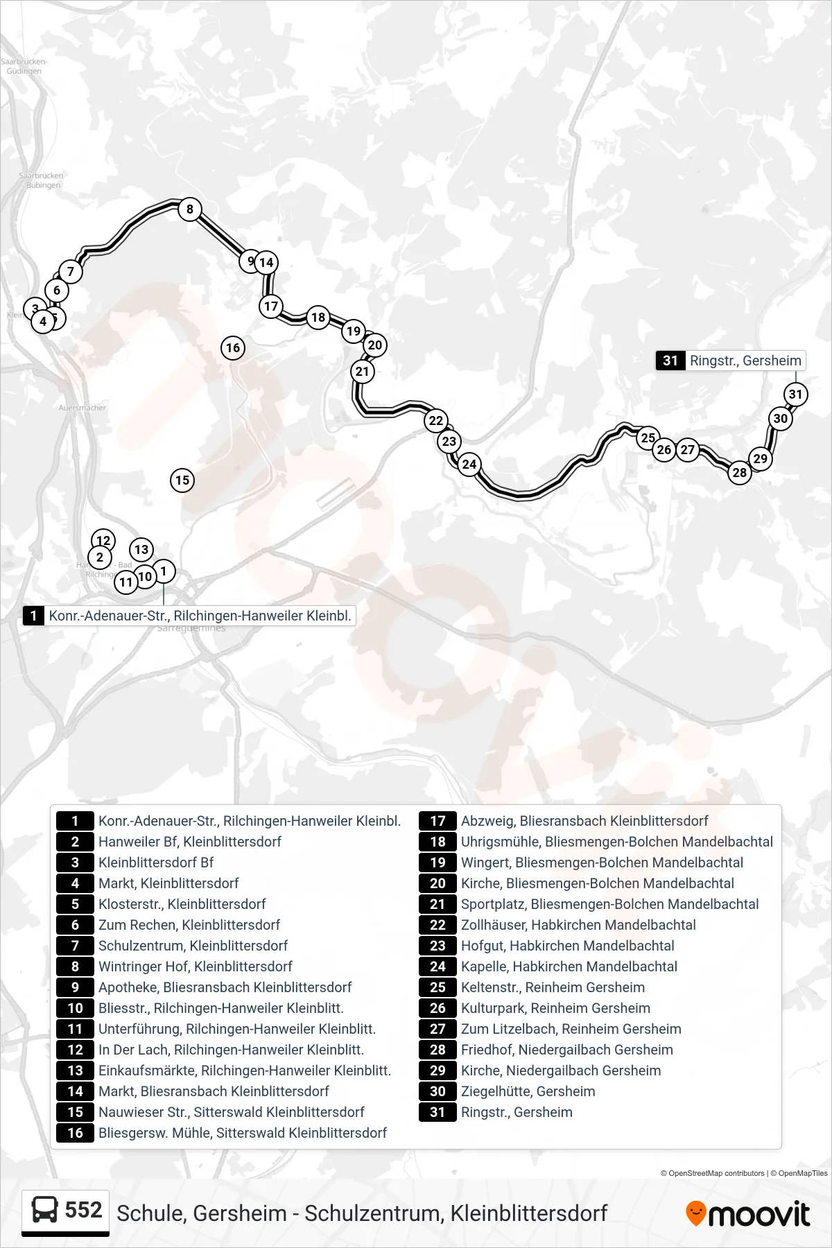 552 bus Line (Ringstr., Gersheim) route and stops on a map