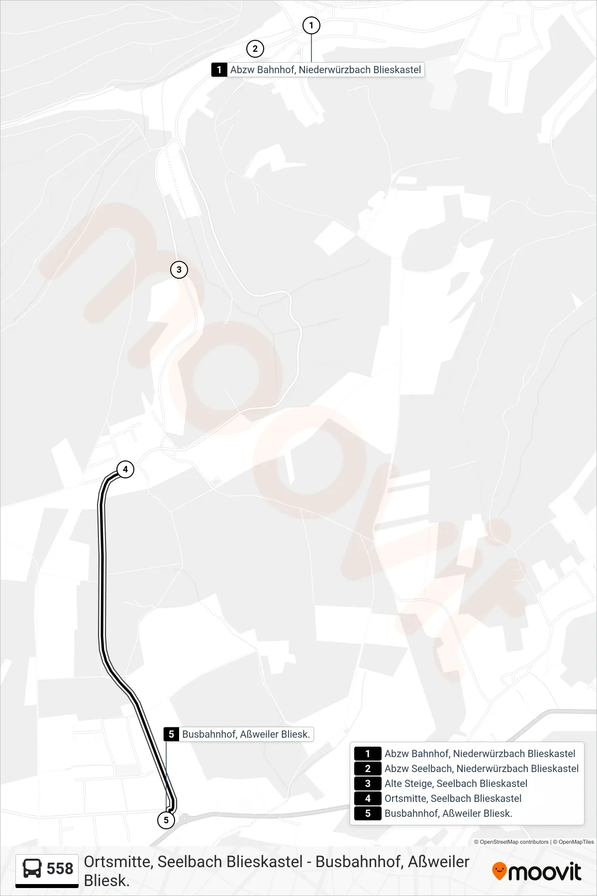 558 bus Line (Aßweiler Busbahnhof) route and stops on a map