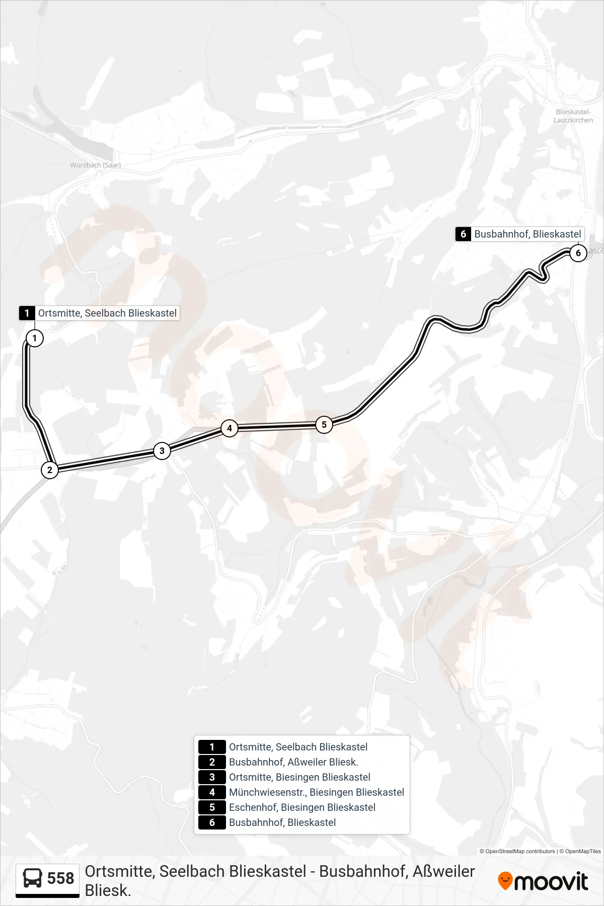 558 bus Line (Blieskastel Busbahnhof) route and stops on a map