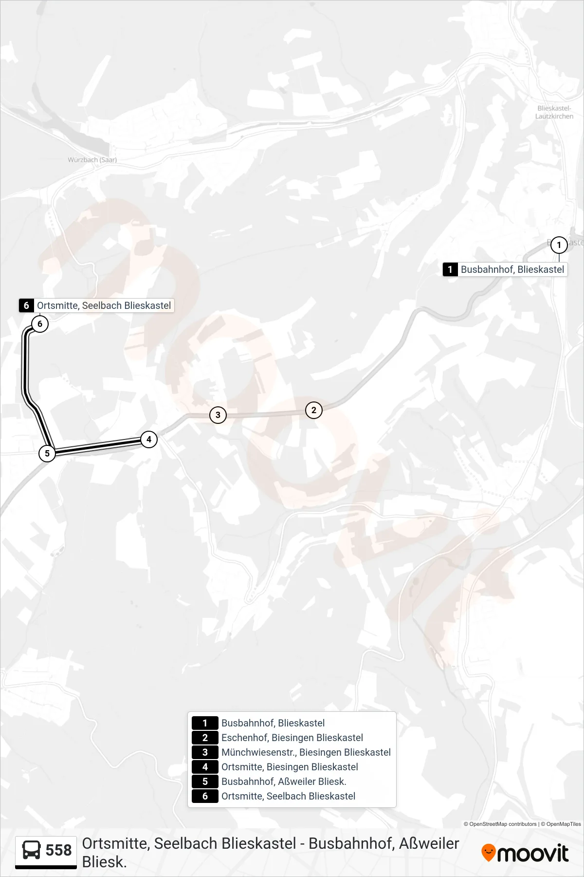 558 bus Line (Seelbach) route and stops on a map