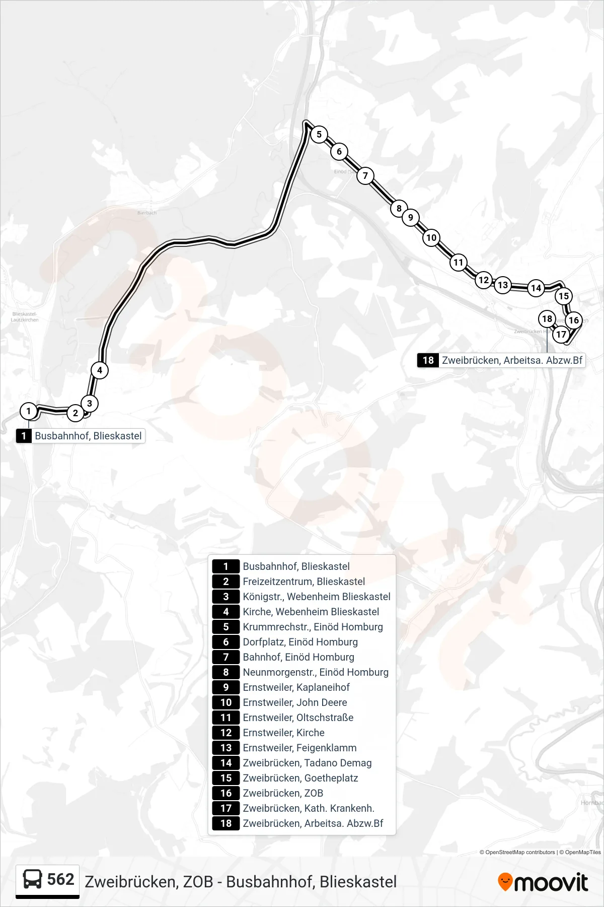 562 bus Line (Zweibrücken, Arbeitsa. Abzw.Bf) route and stops on a map