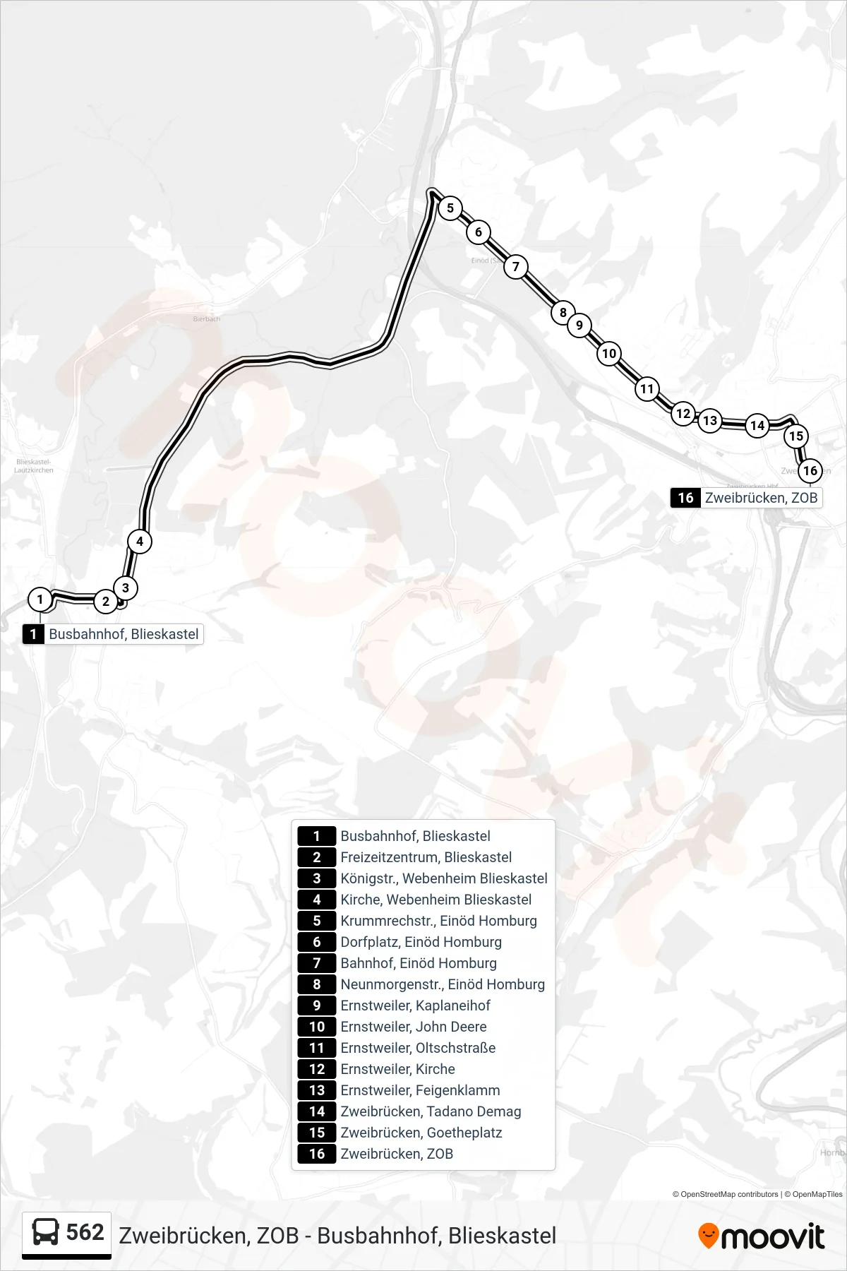 562 bus Line (Zweibrücken, ZOB) route and stops on a map