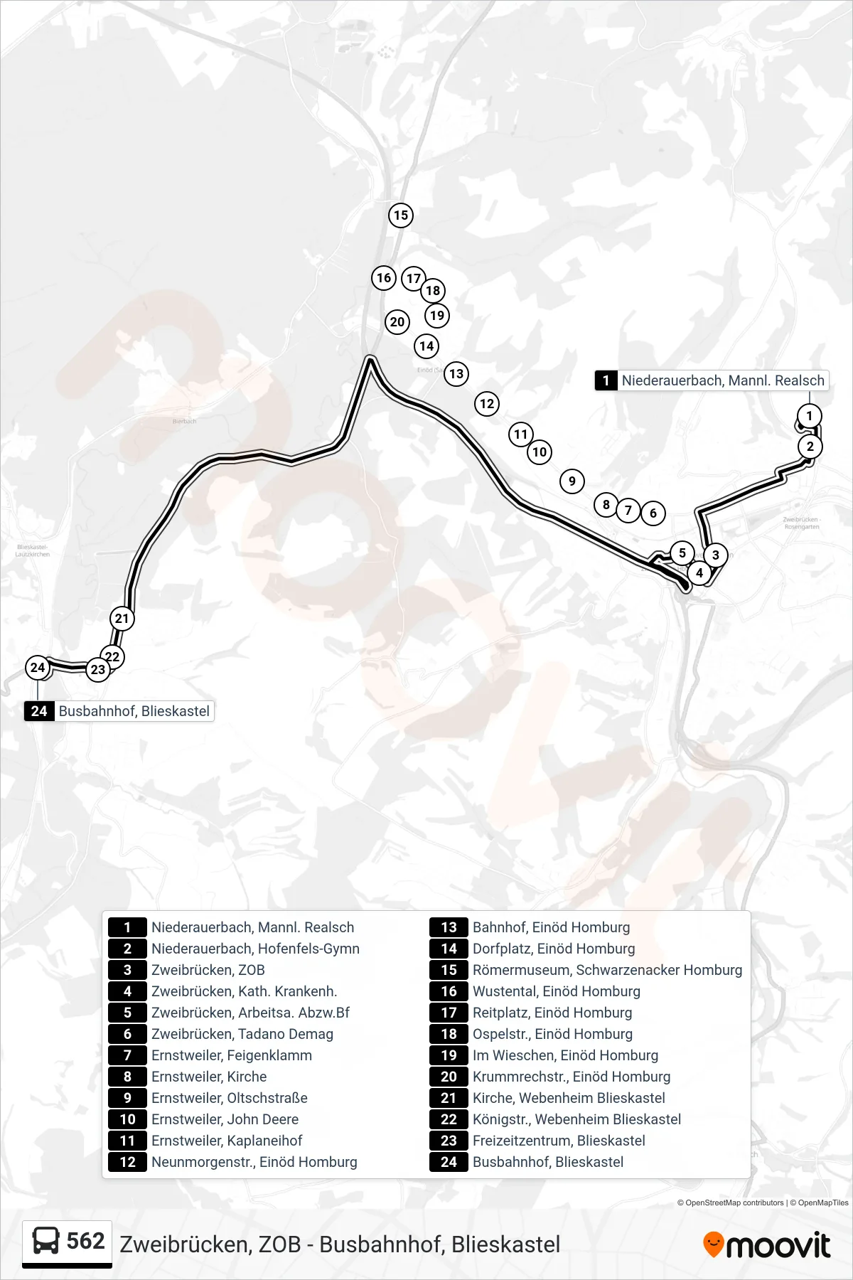 562 bus Line (Busbahnhof, Blieskastel) route and stops on a map