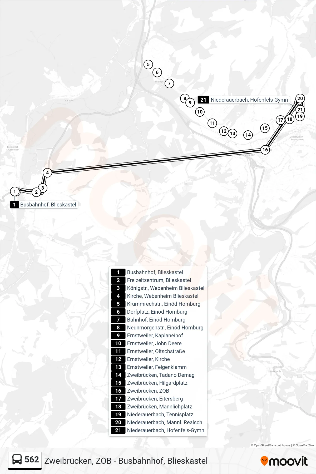 562 bus Line (Niederauerbach, Hofenfels-Gymn) route and stops on a map