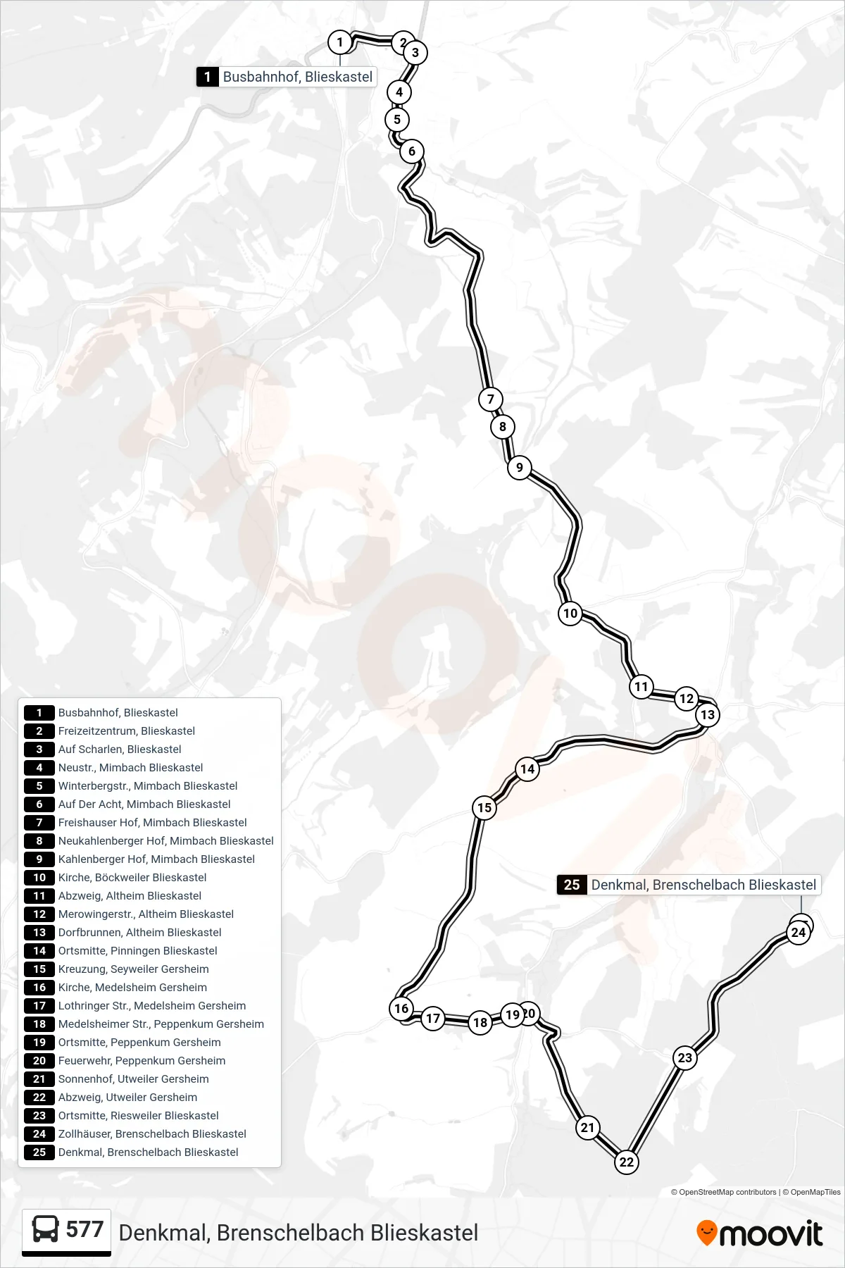 577 bus Line (Denkmal, Brenschelbach Blieskastel) route and stops on a map